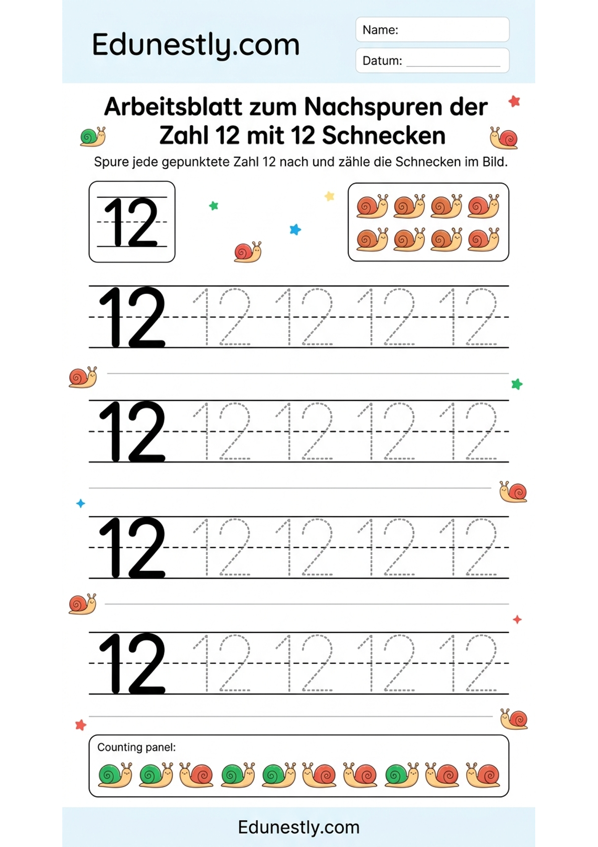 Arbeitsblatt zum Nachspuren der Zahl 12 mit 12 Schnecken