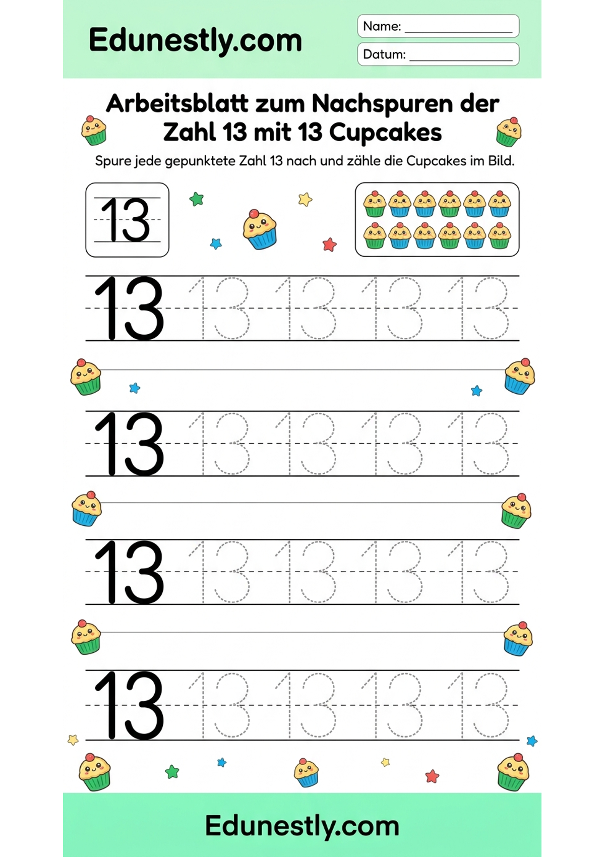 Arbeitsblatt zum Nachspuren der Zahl 13 mit 13 Cupcakes