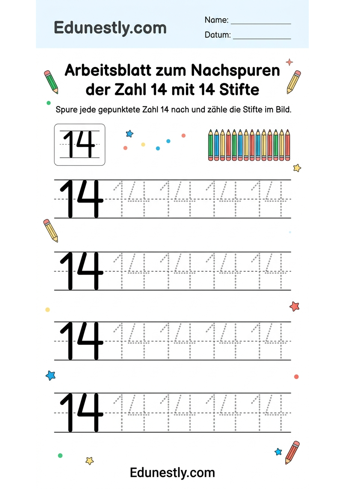 Arbeitsblatt zum Nachspuren der Zahl 14 mit 14 Stifte