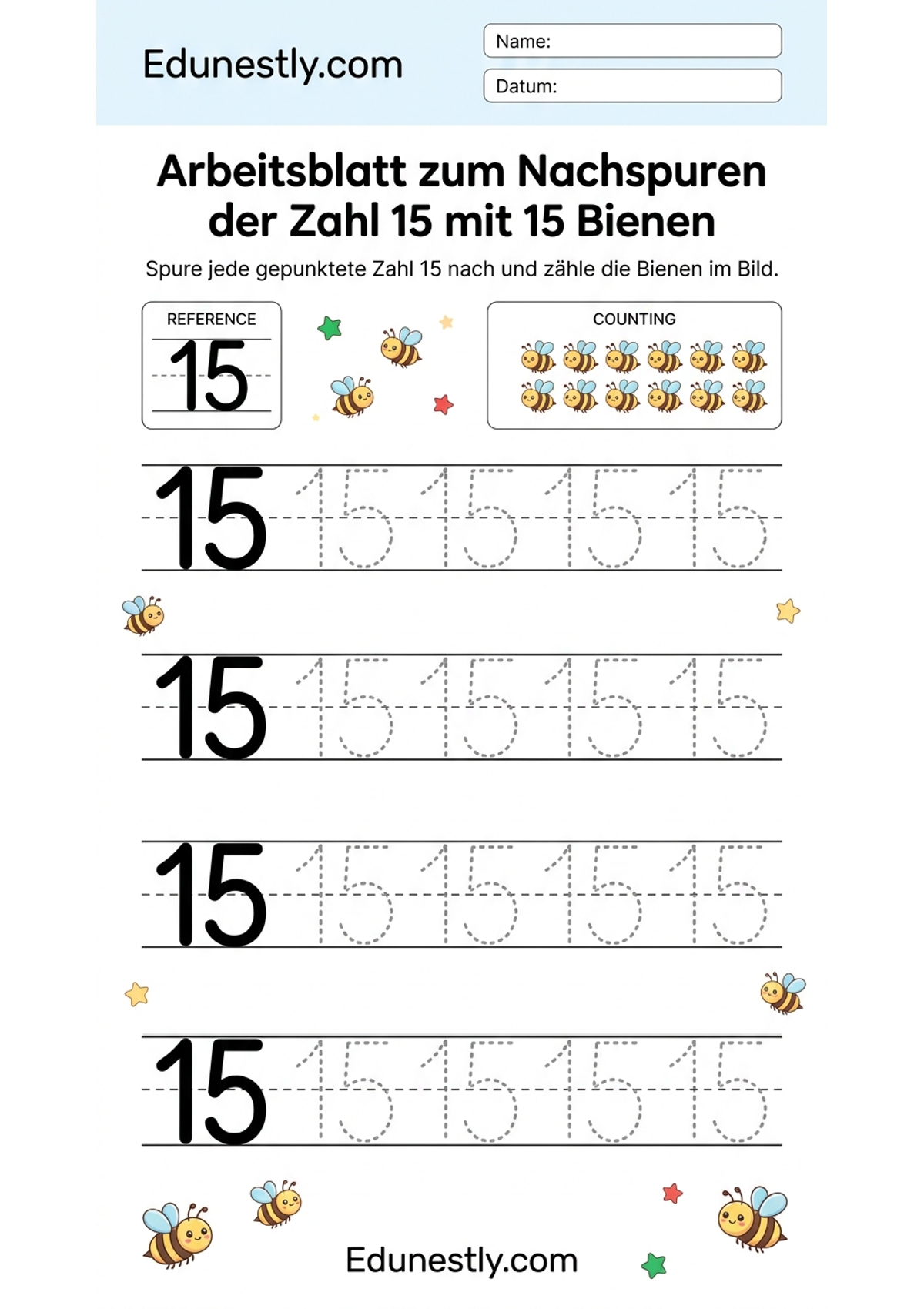 Arbeitsblatt zum Nachspuren der Zahl 15 mit 15 Bienen