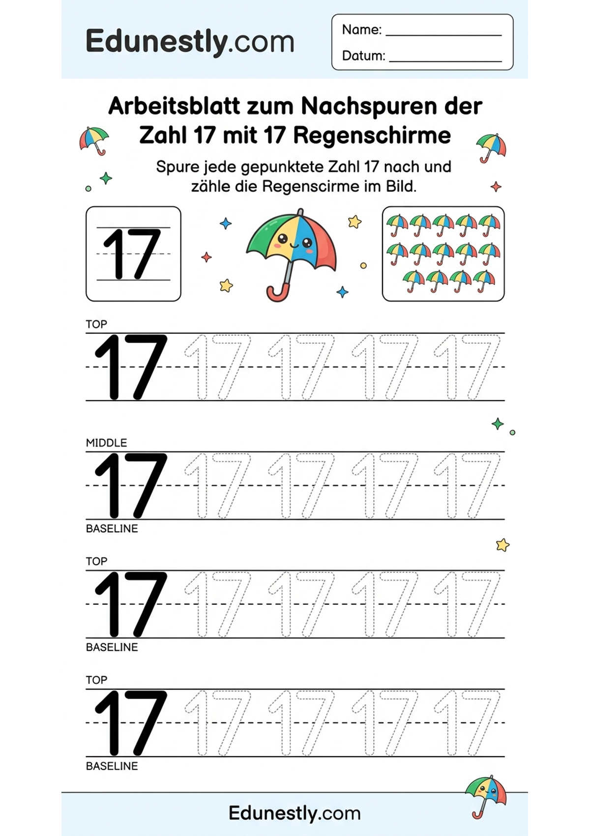 Arbeitsblatt zum Nachspuren der Zahl 17 mit 17 Regenschirme