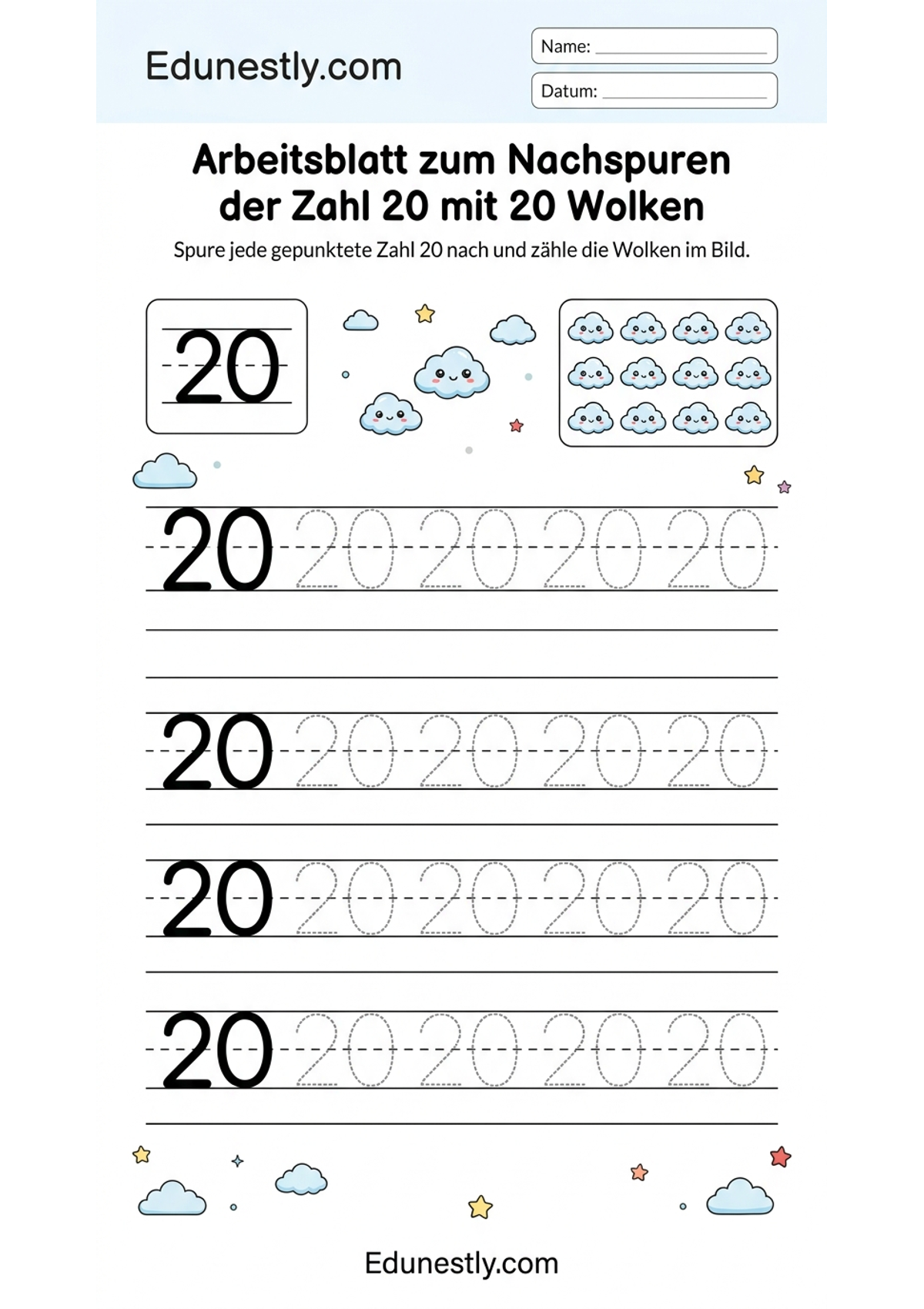 Arbeitsblatt zum Nachspuren der Zahl 20 mit 20 Wolken