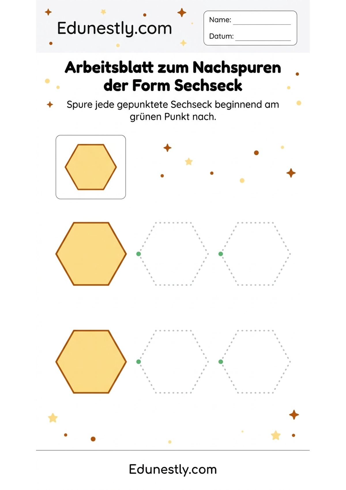 Arbeitsblatt zum Nachspuren der Form Sechseck