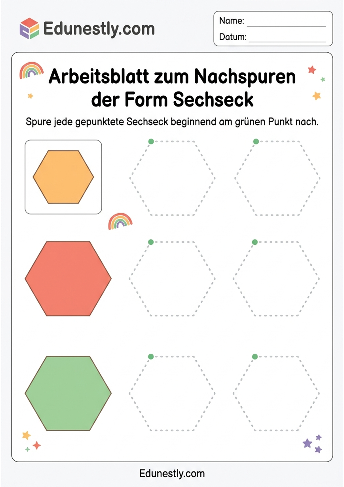 Arbeitsblatt zum Nachspuren der Form Sechseck