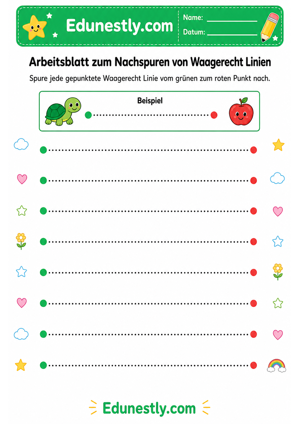 Arbeitsblatt zum Nachspuren von Waagerecht Linien