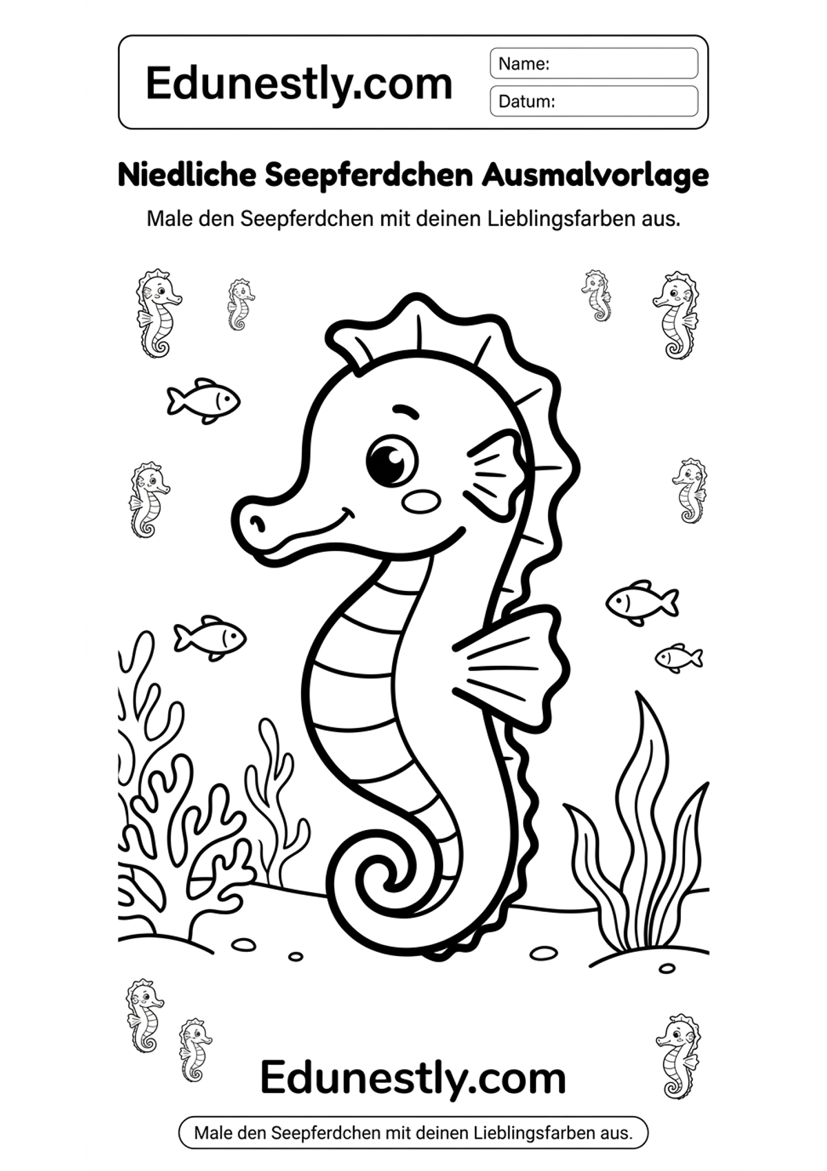 Niedliche Seepferdchen Ausmalvorlage