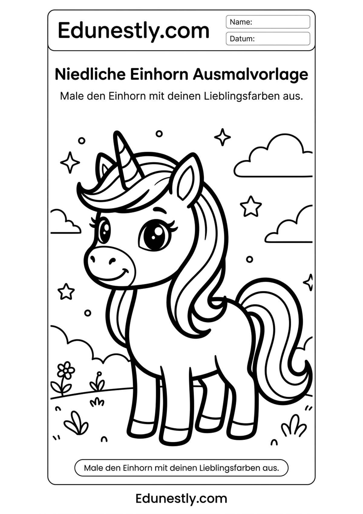 Niedliche Einhorn Ausmalvorlage