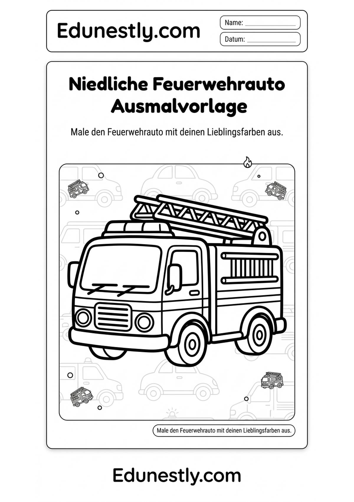 Niedliche Feuerwehrauto Ausmalvorlage