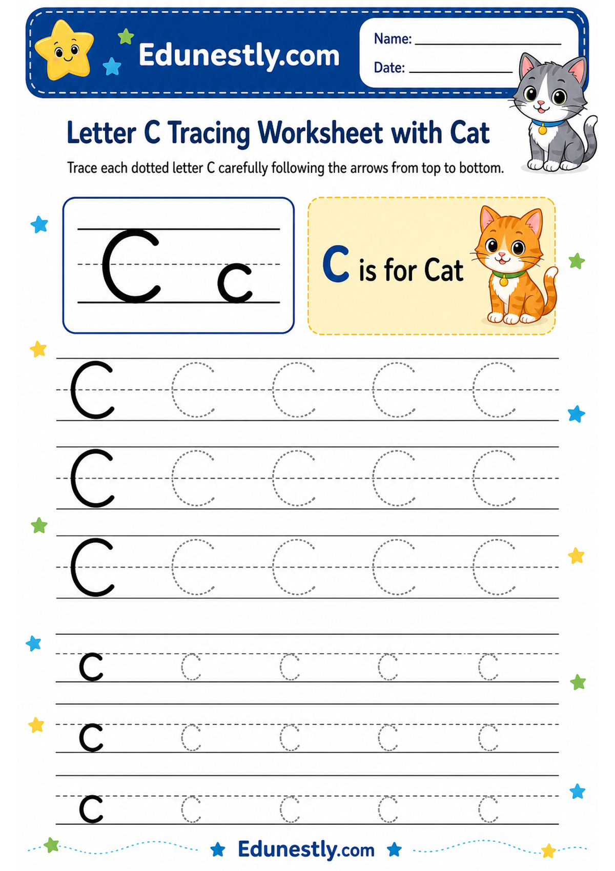 Letter C Tracing Worksheet with Cat