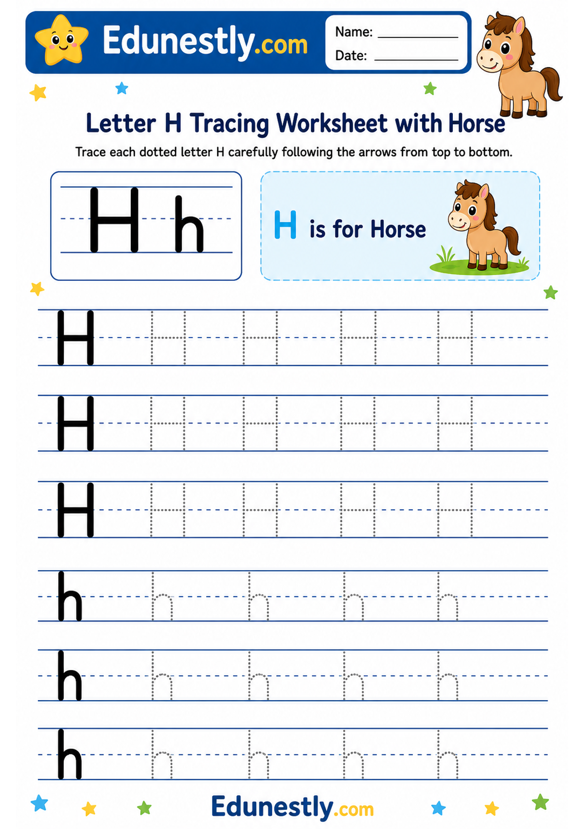 Letter H Tracing Worksheet with Horse