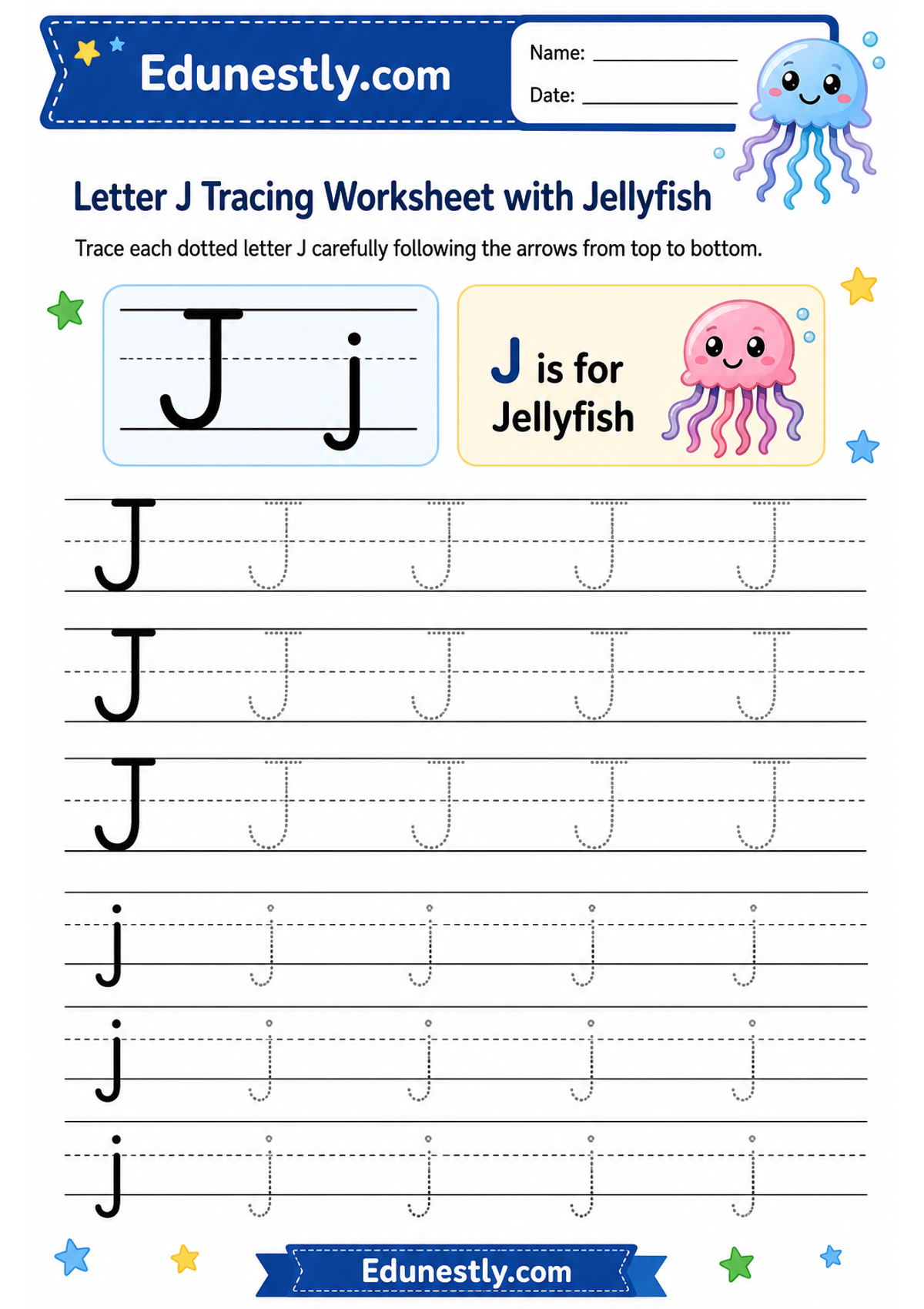Letter J Tracing Worksheet with Jellyfish