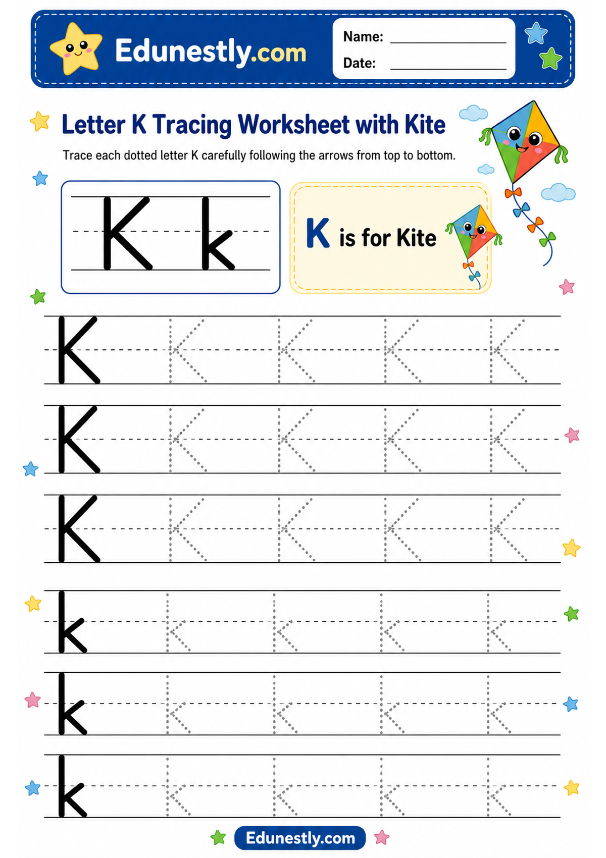 Letter K Tracing Worksheet with Kite