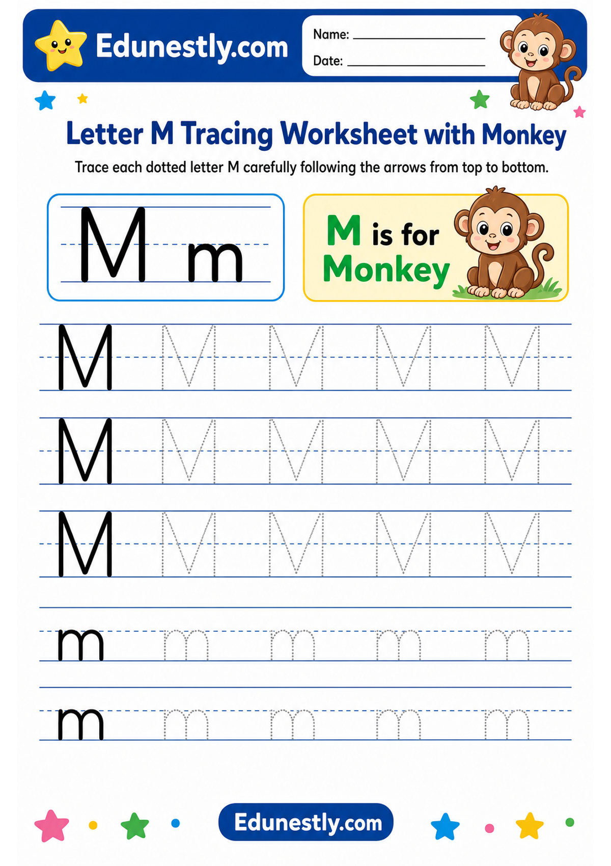 Letter M Tracing Worksheet with Monkey