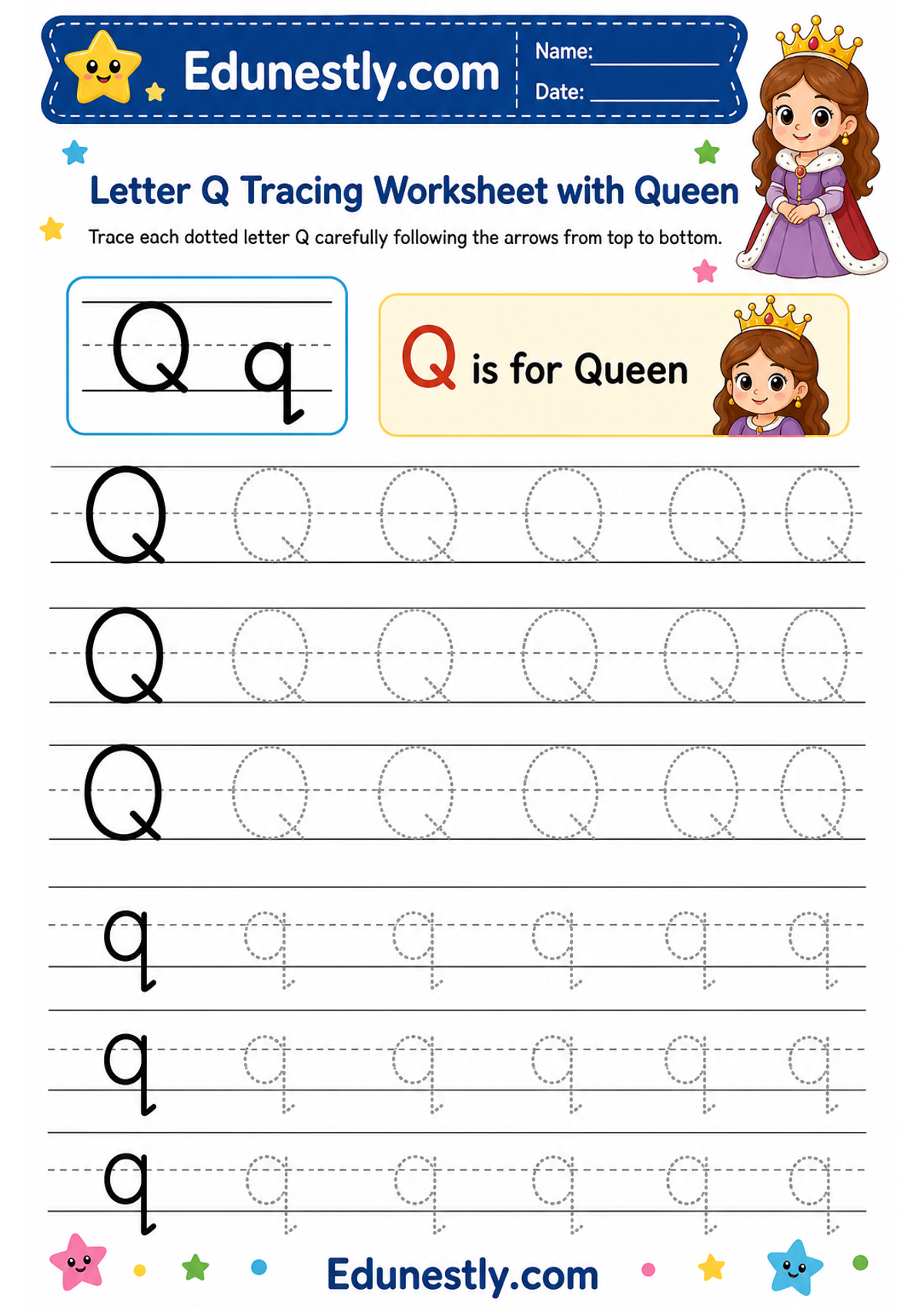 Letter Q Tracing Worksheet with Queen