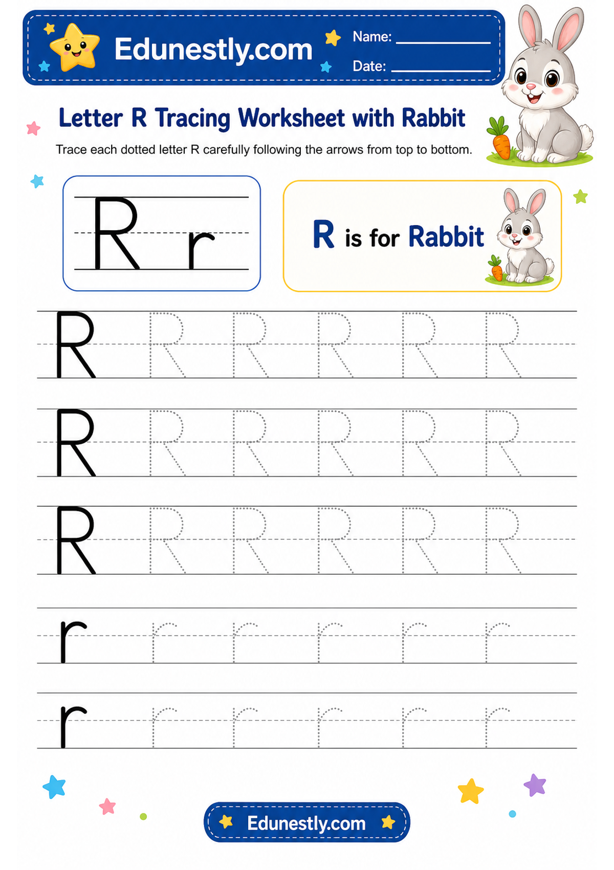 Letter R Tracing Worksheet with Rabbit