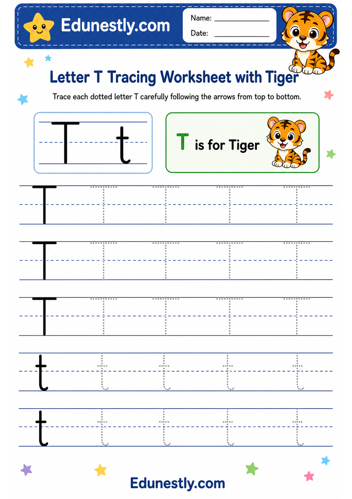 Letter T Tracing Worksheet with Tiger