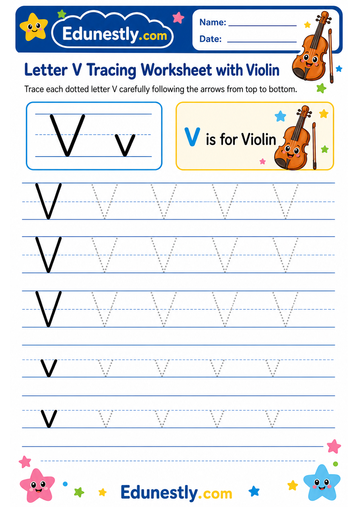 Letter V Tracing Worksheet with Violin