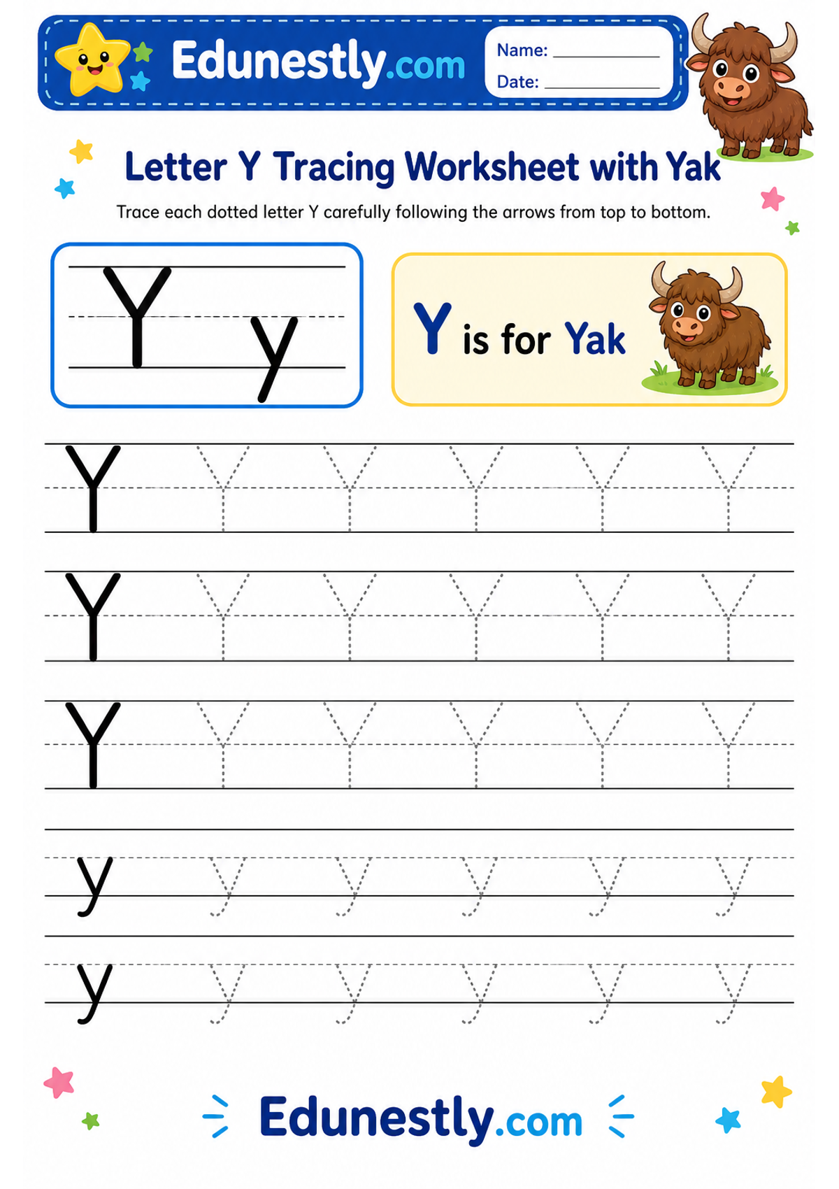 Letter Y Tracing Worksheet with Yak