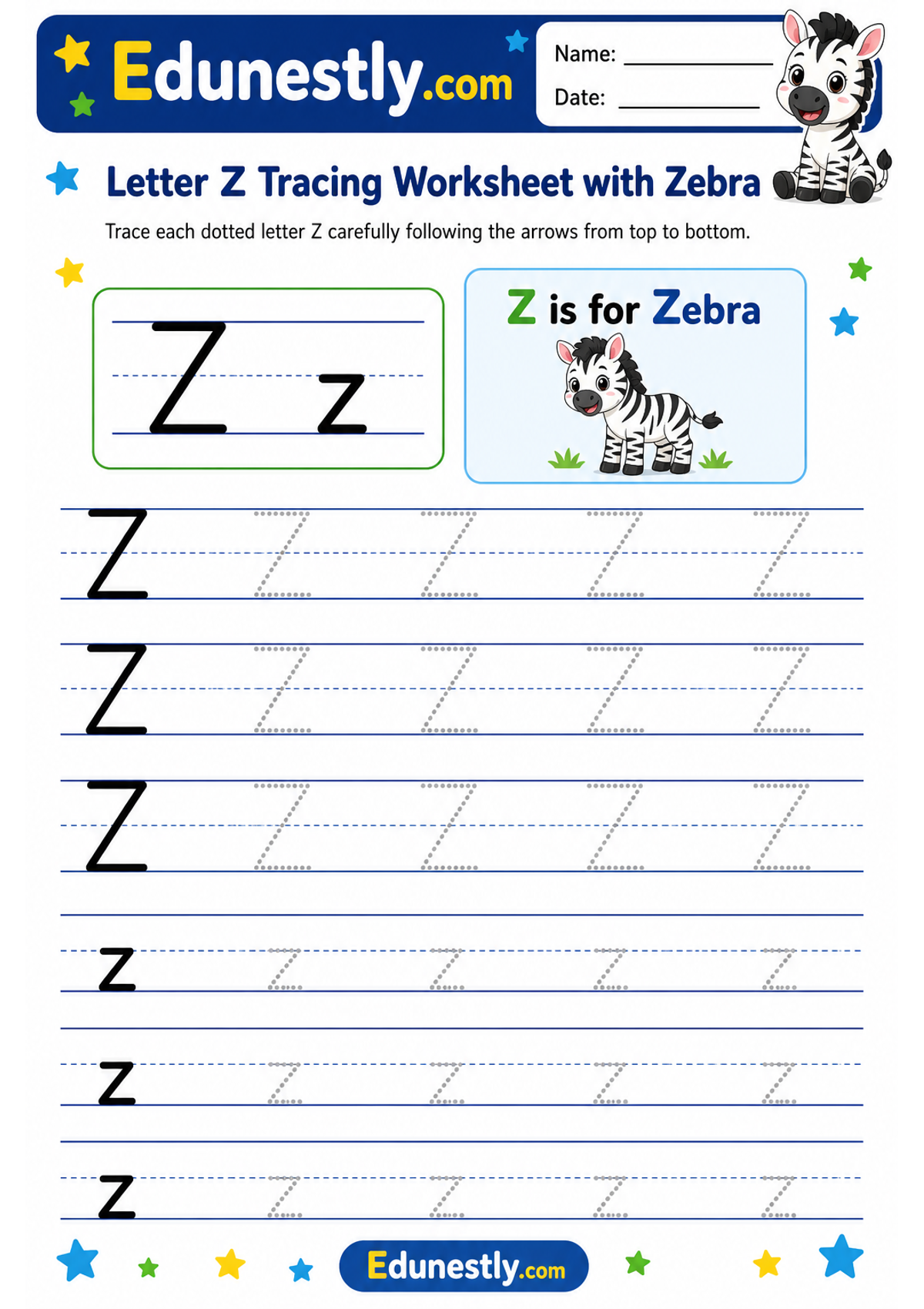Letter Z Tracing Worksheet with Zebra