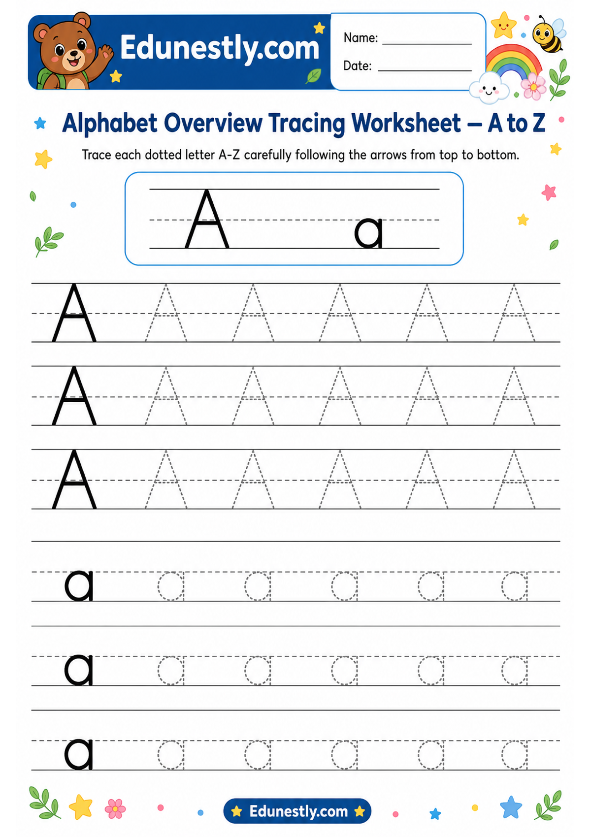 Alphabet Overview Tracing Worksheet — A to Z