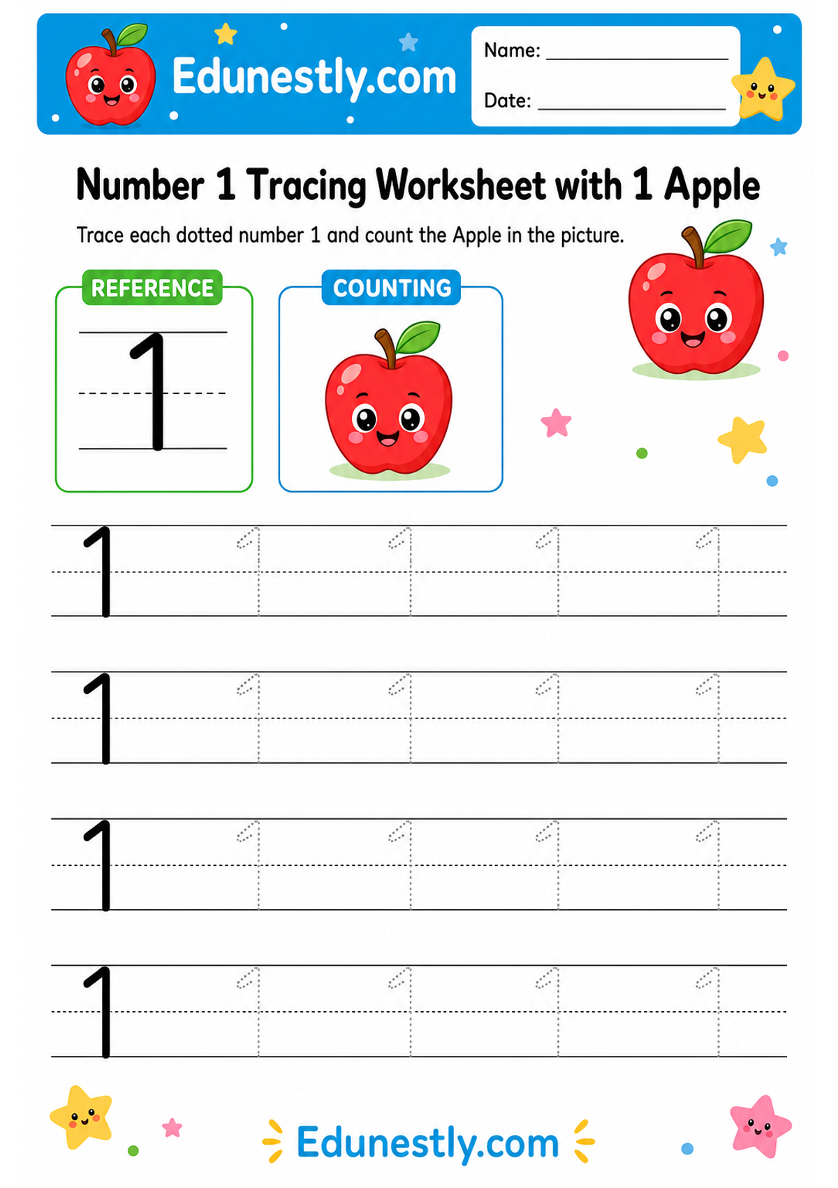 Number 1 Tracing Worksheet with 1 Apple