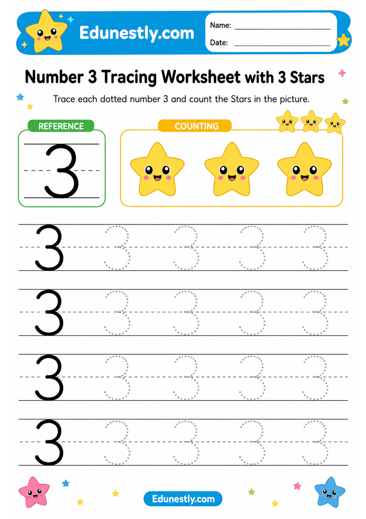 Number 3 Tracing Worksheet with 3 Stars