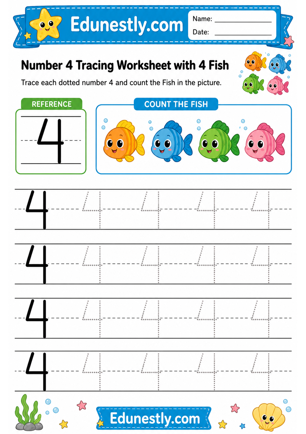 Number 4 Tracing Worksheet with 4 Fish