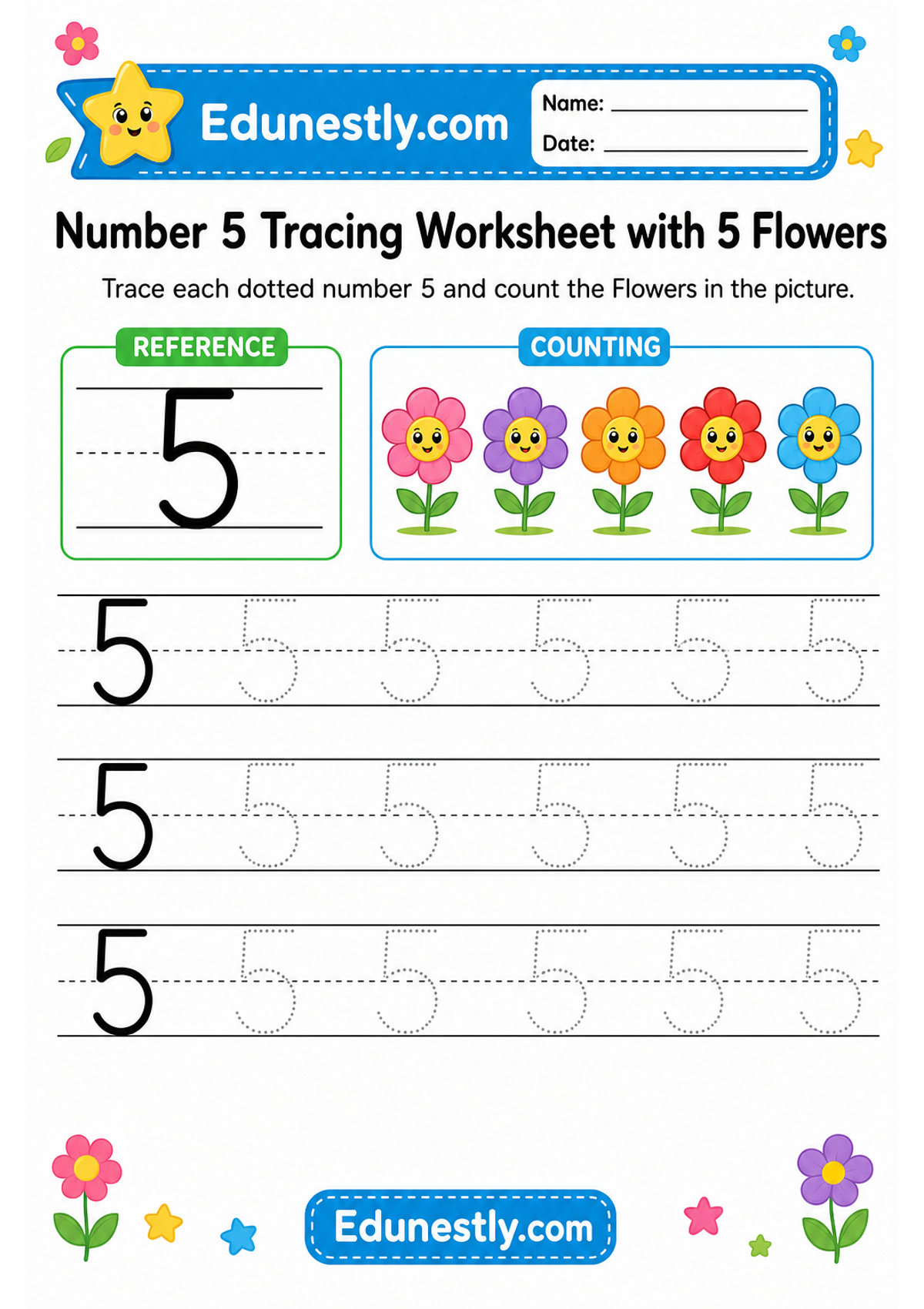 Number 5 Tracing Worksheet with 5 Flowers