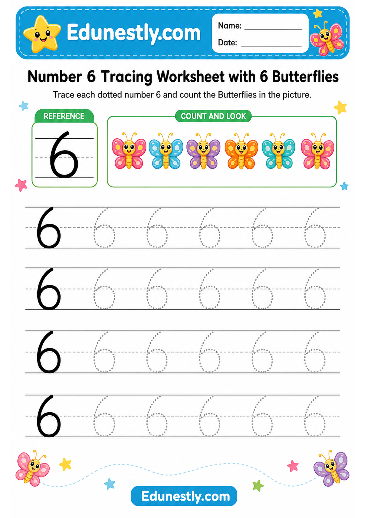 Number 6 Tracing Worksheet with 6 Butterflies