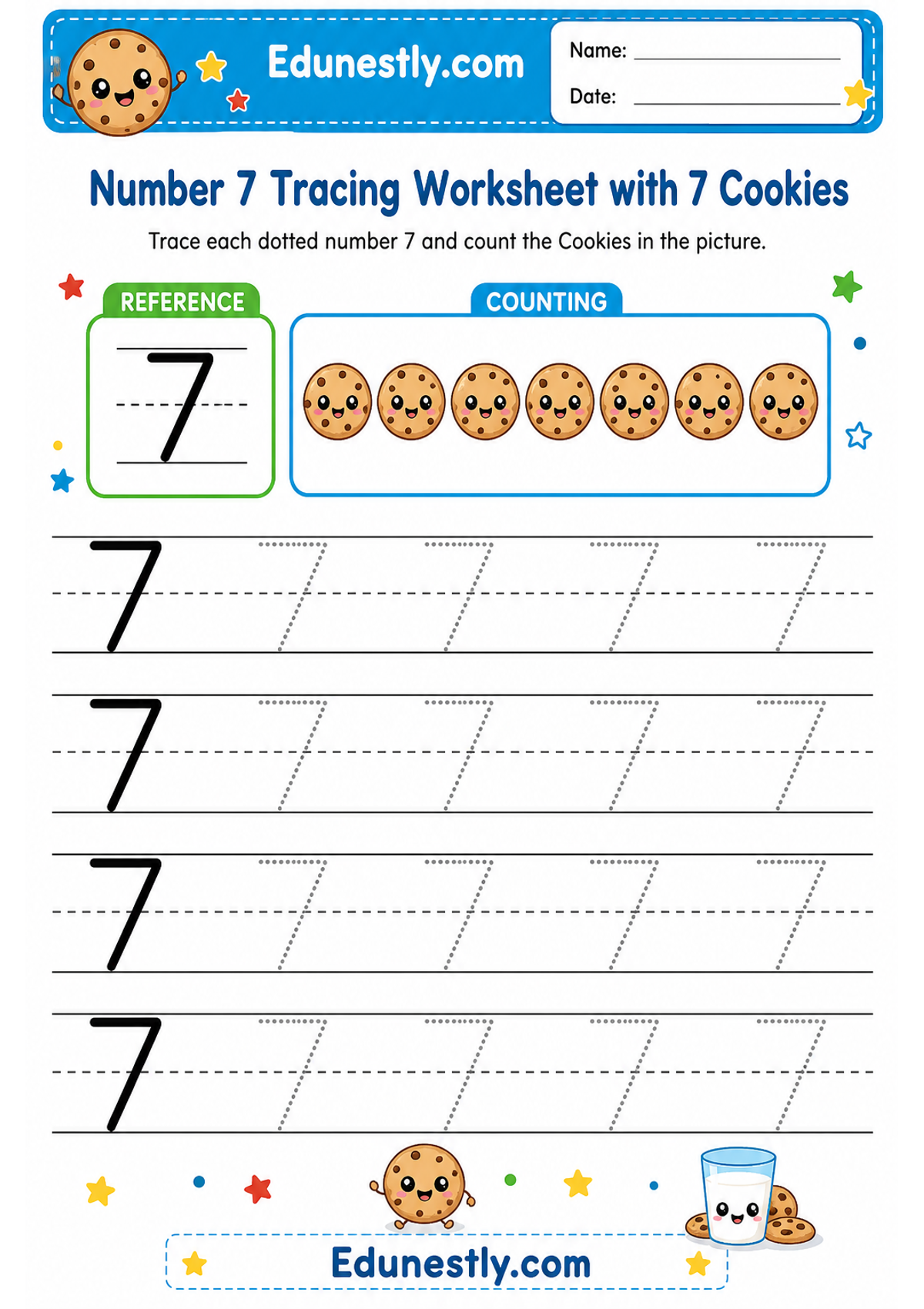Number 7 Tracing Worksheet with 7 Cookies