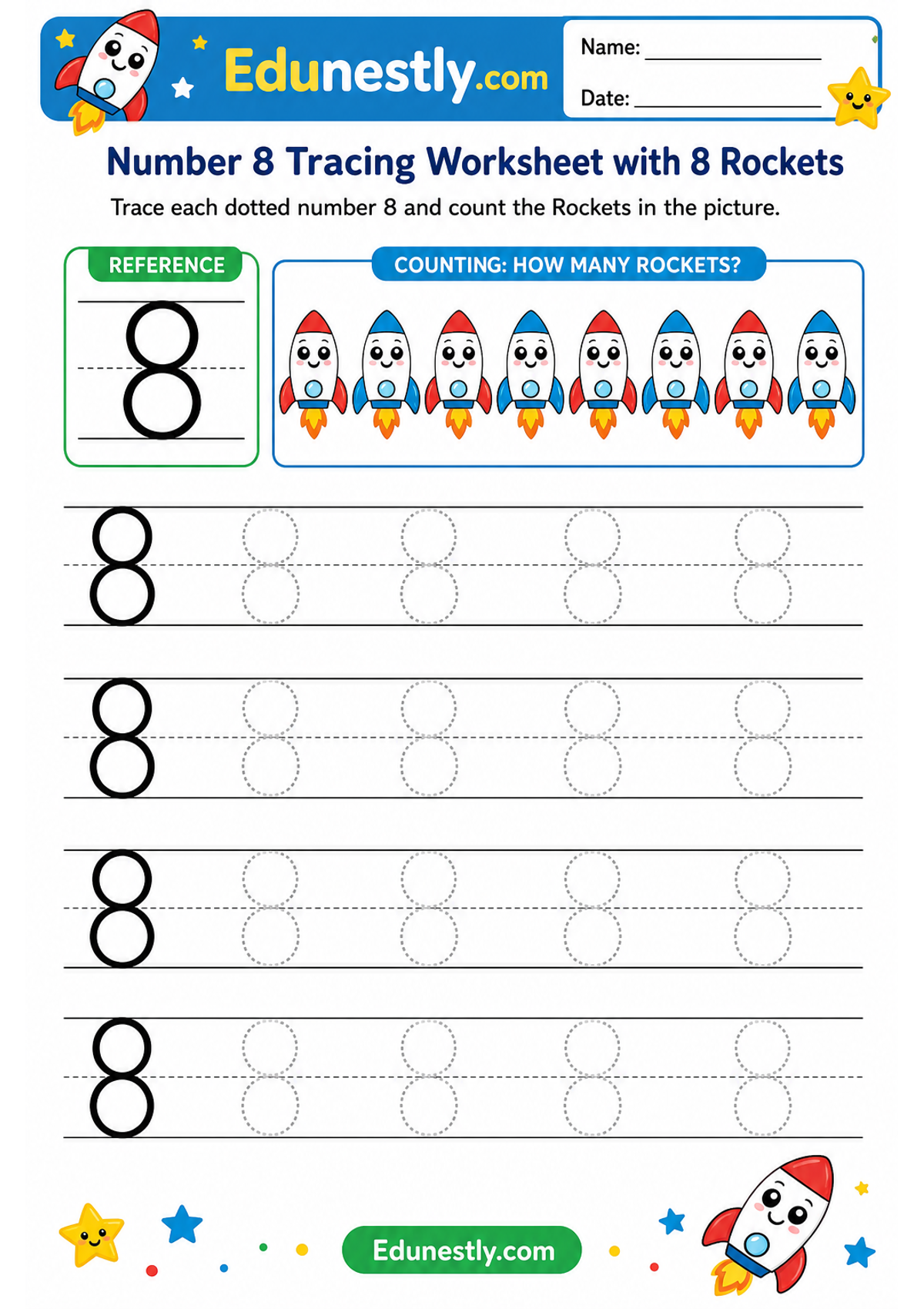 Number 8 Tracing Worksheet with 8 Rockets