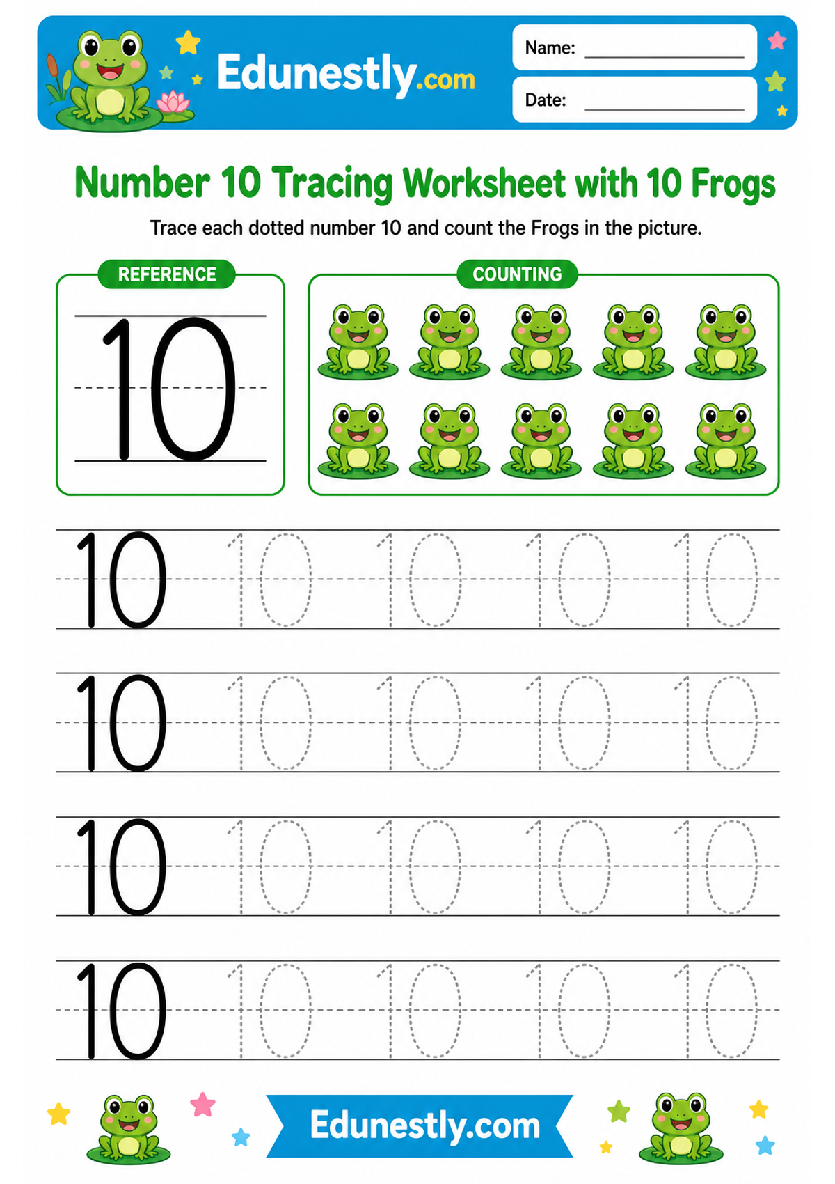 Number 10 Tracing Worksheet with 10 Frogs