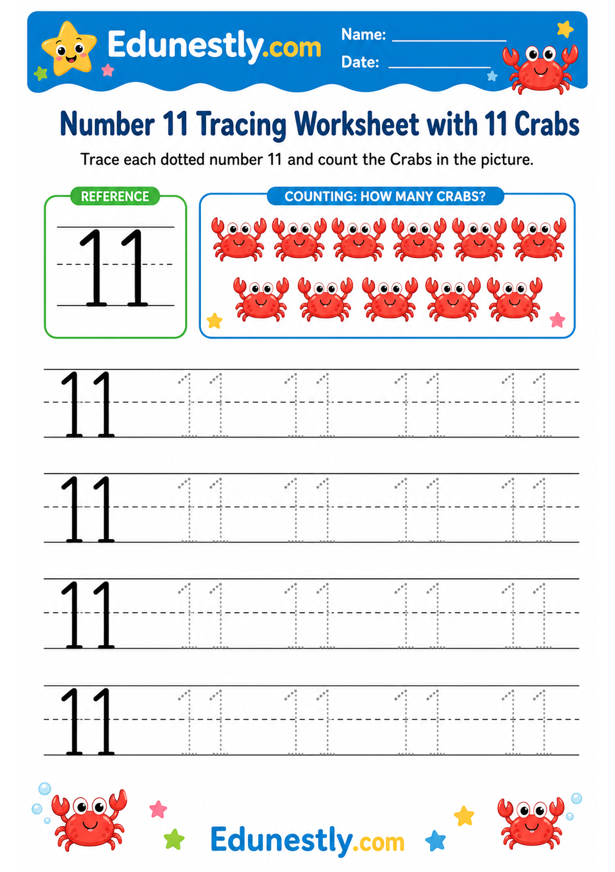 Number 11 Tracing Worksheet with 11 Crabs