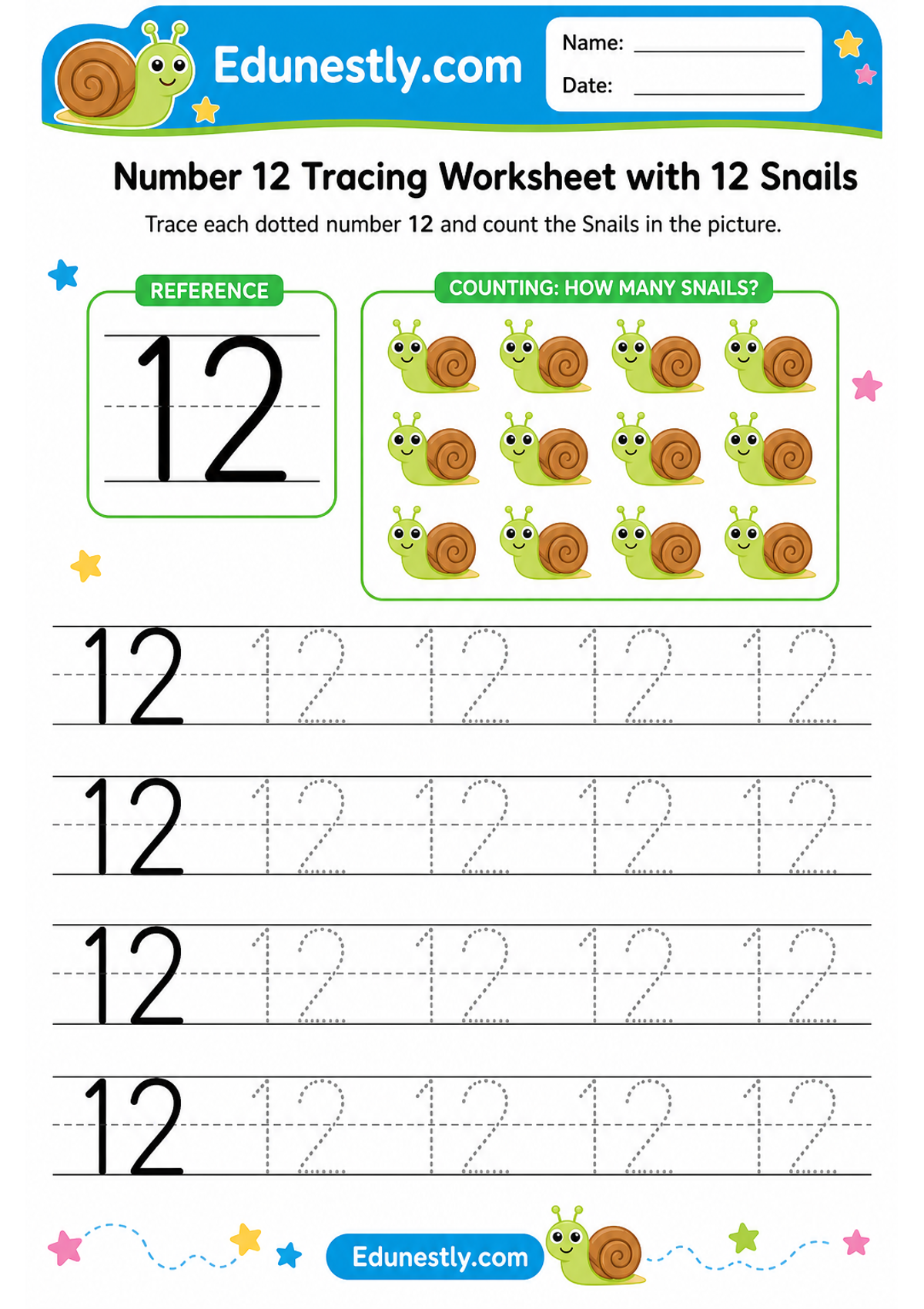 Number 12 Tracing Worksheet with 12 Snails