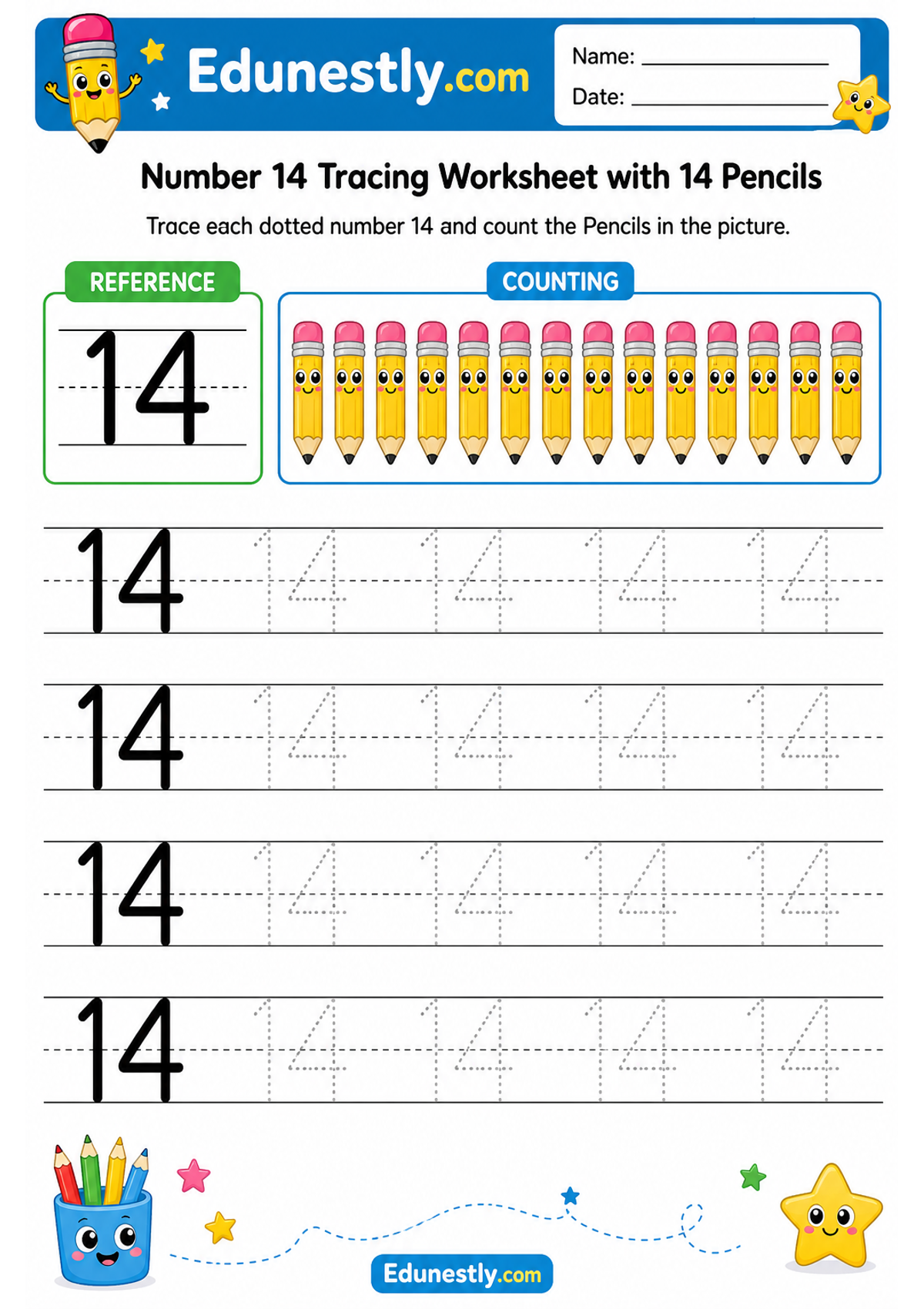Number 14 Tracing Worksheet with 14 Pencils