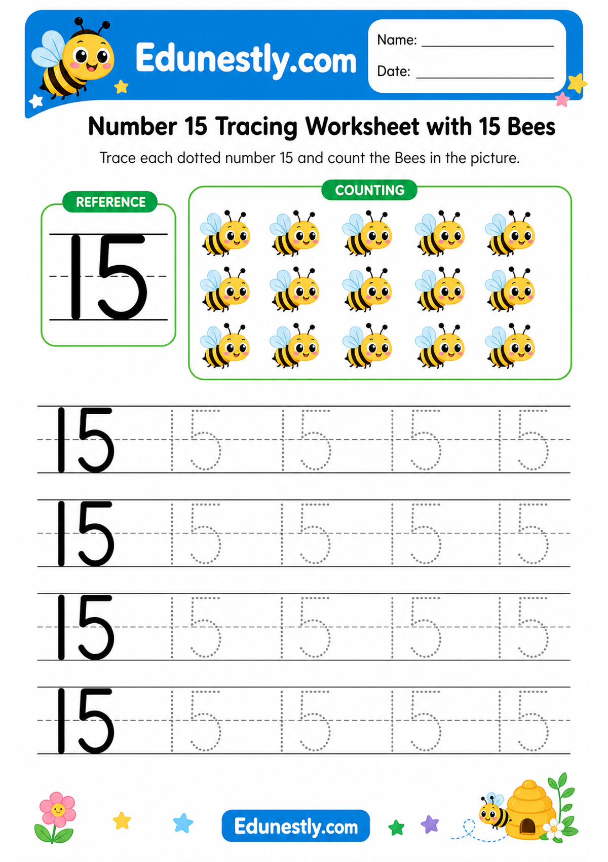Number 15 Tracing Worksheet with 15 Bees