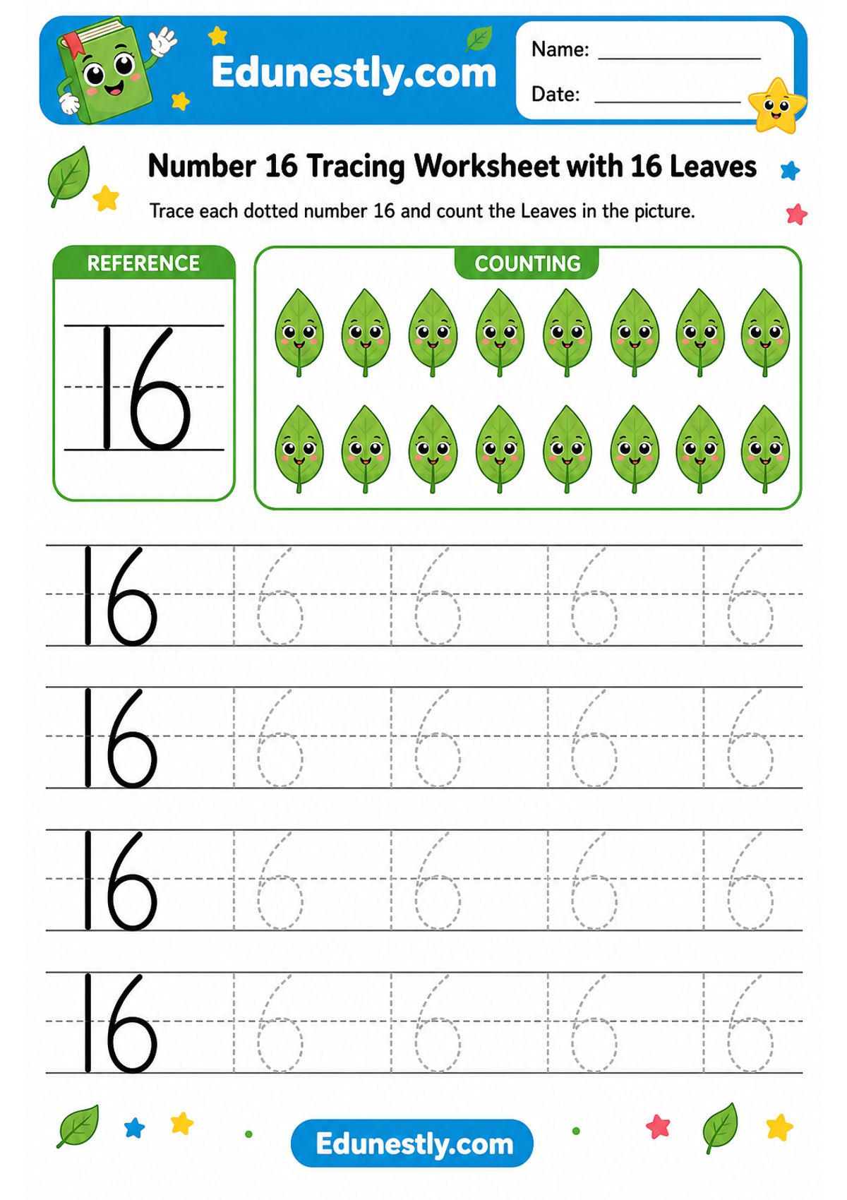 Number 16 Tracing Worksheet with 16 Leaves