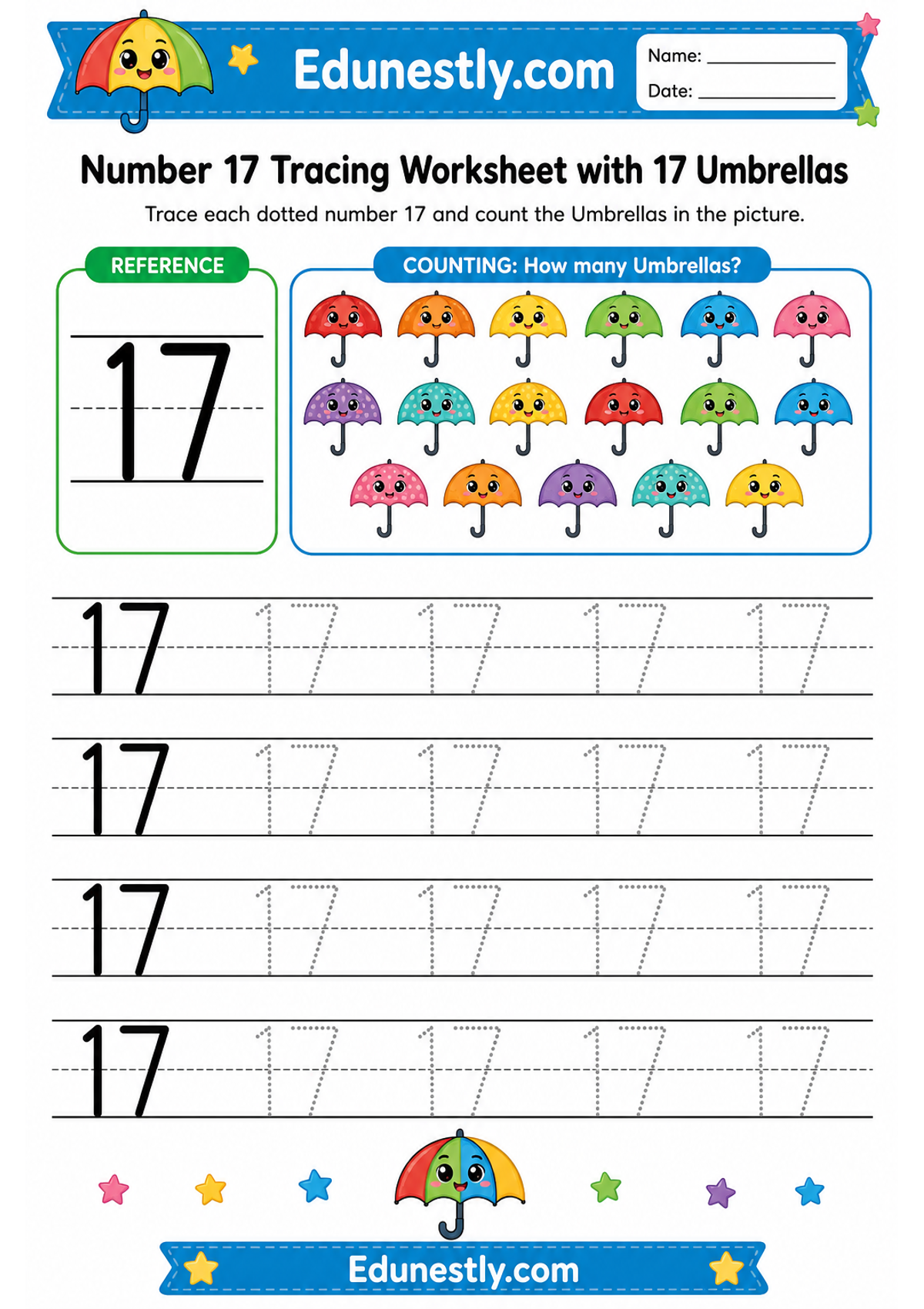 Number 17 Tracing Worksheet with 17 Umbrellas