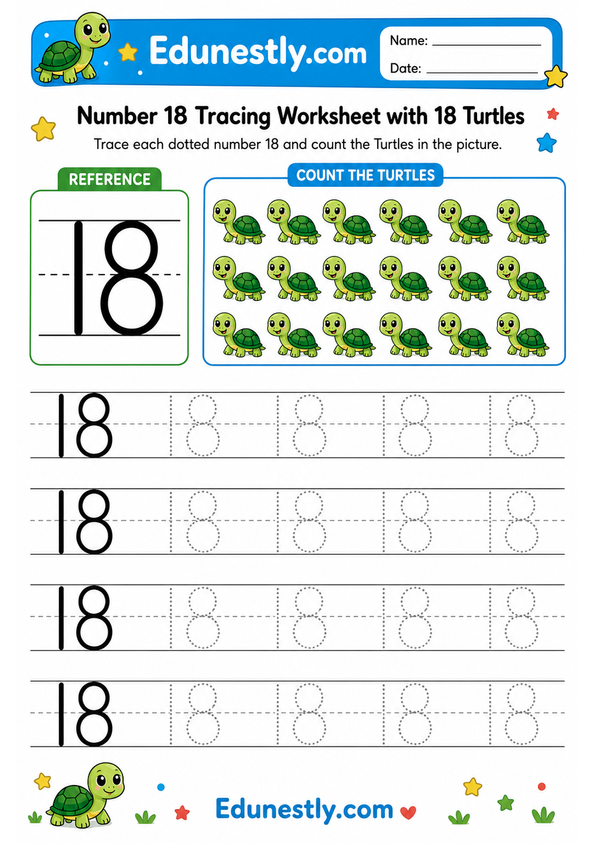 Number 18 Tracing Worksheet with 18 Turtles