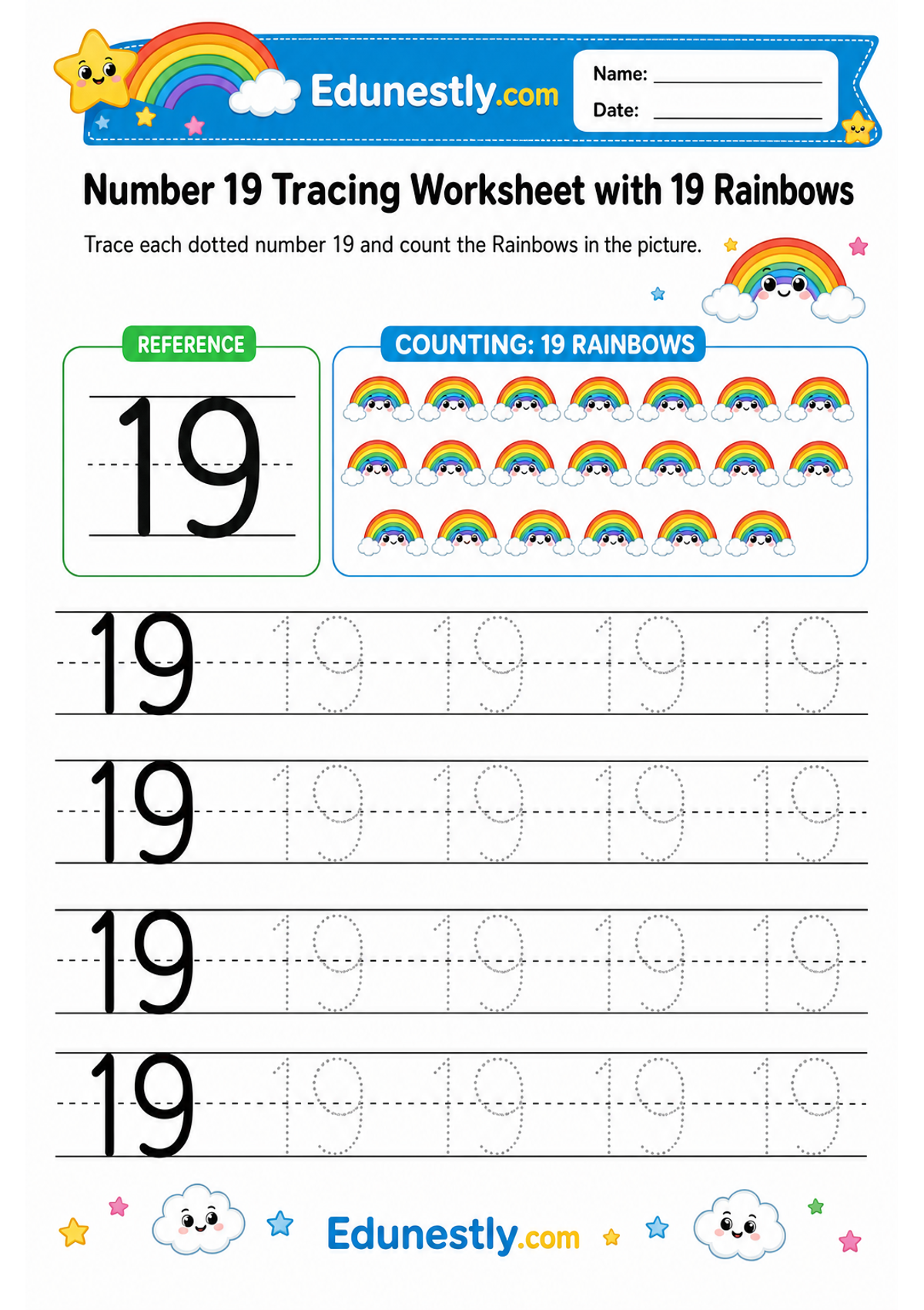 Number 19 Tracing Worksheet with 19 Rainbows
