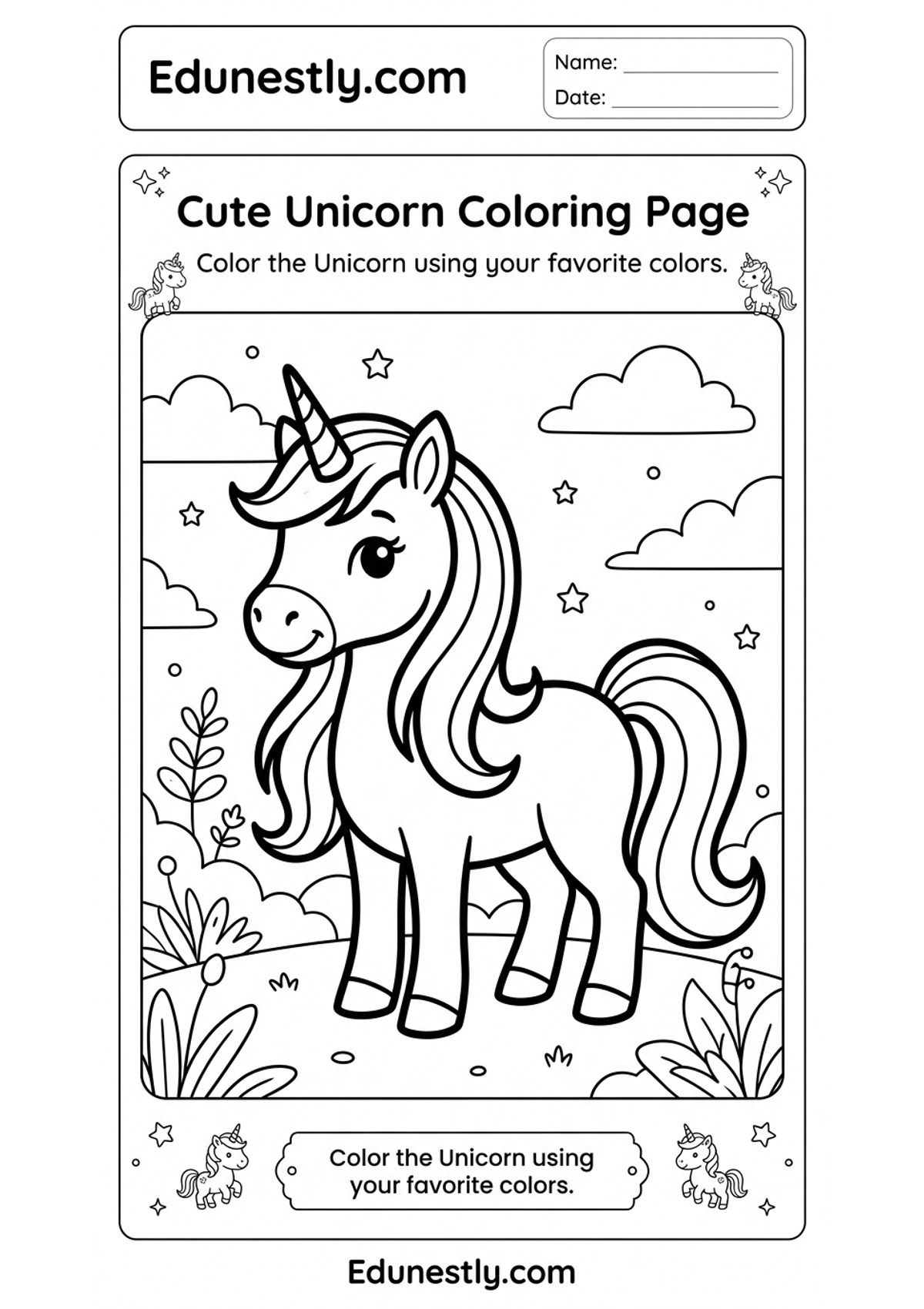 Cute Unicorn Coloring Page