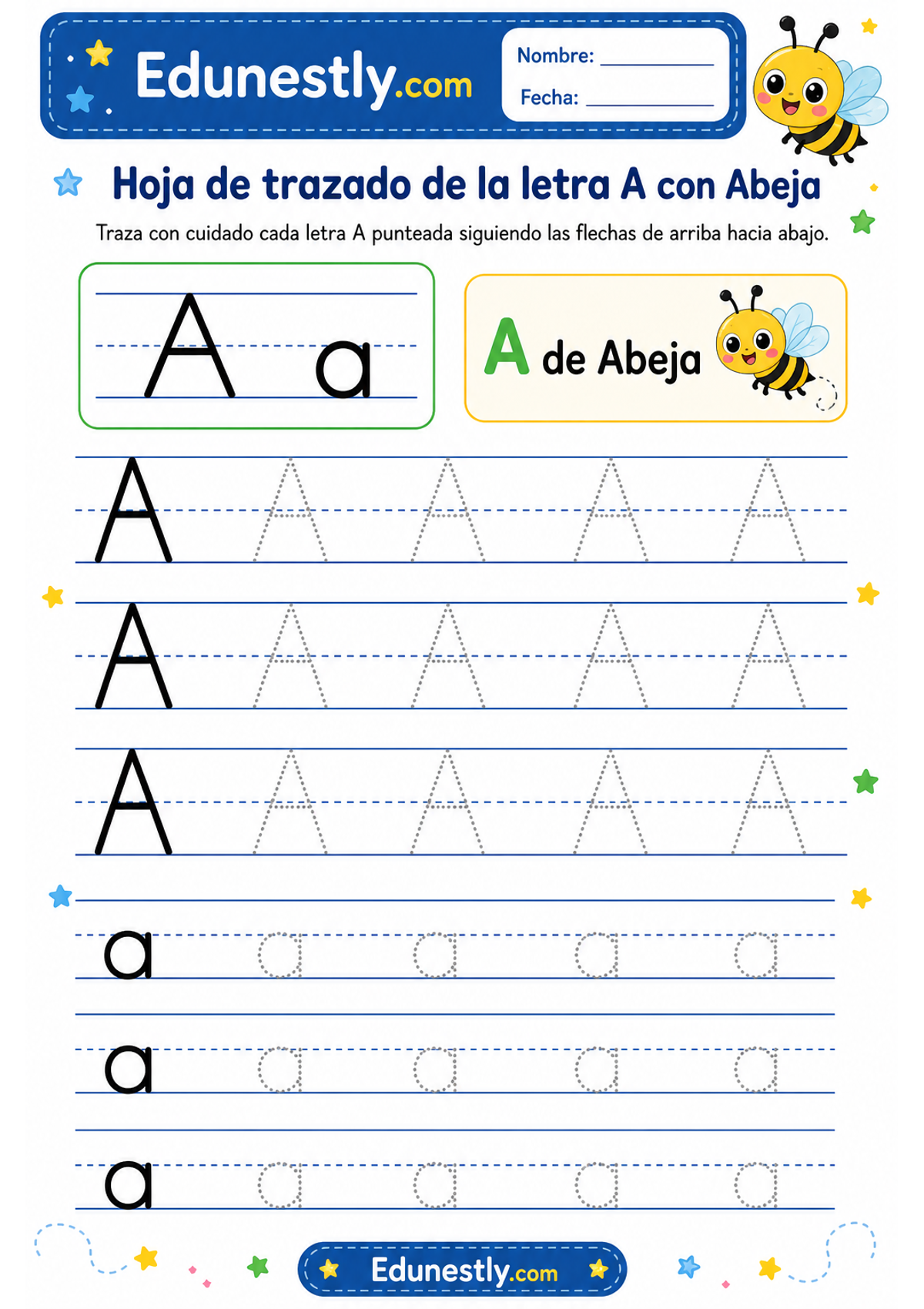 Hoja de trazado de la letra A con Abeja