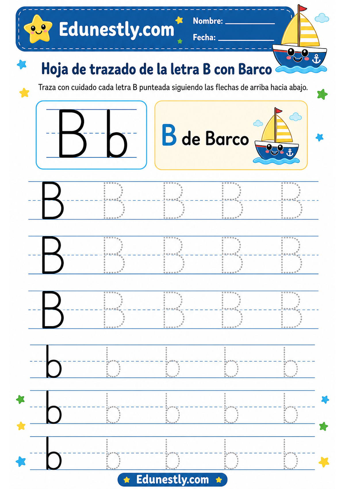Hoja de trazado de la letra B con Barco
