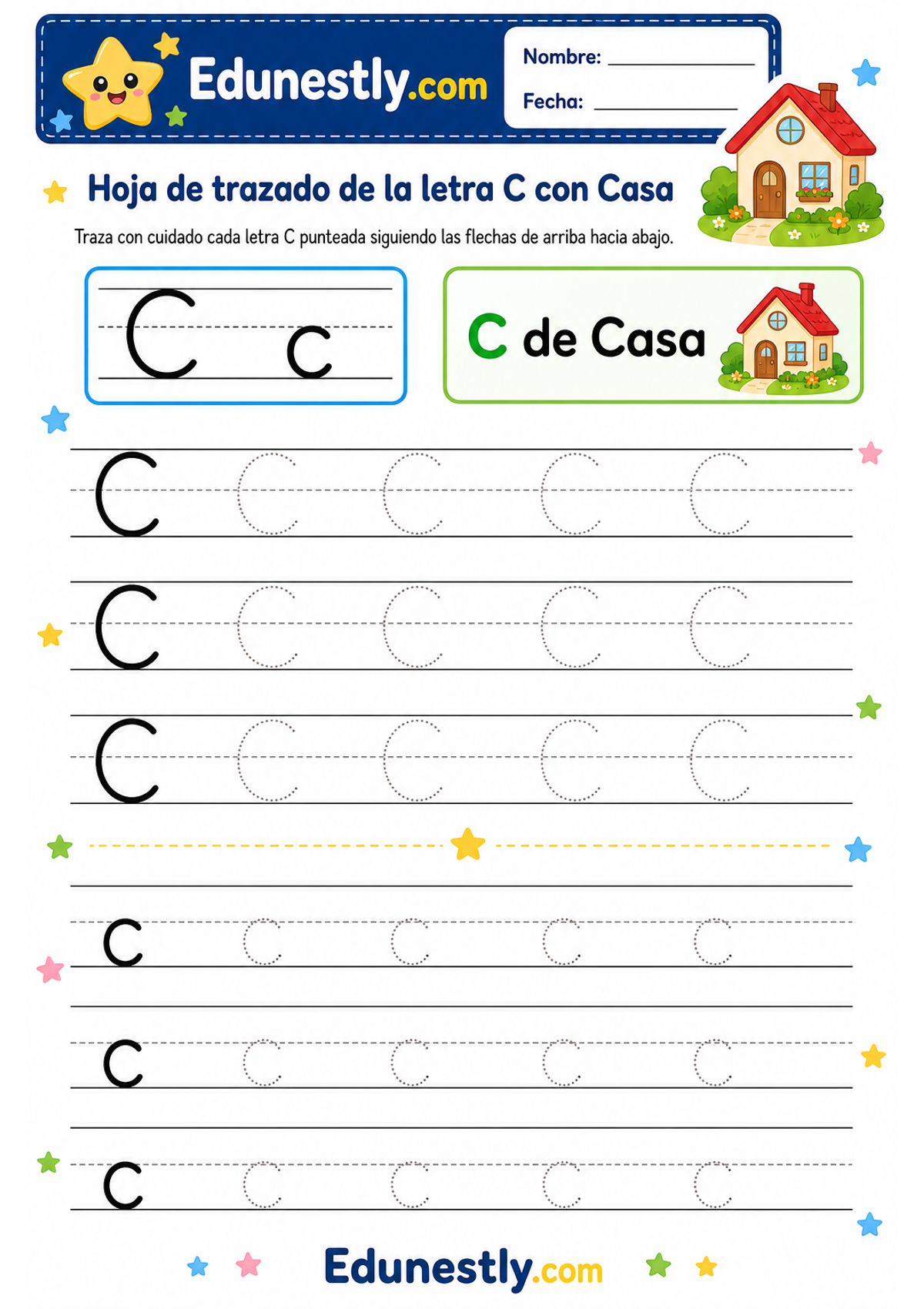 Hoja de trazado de la letra C con Casa