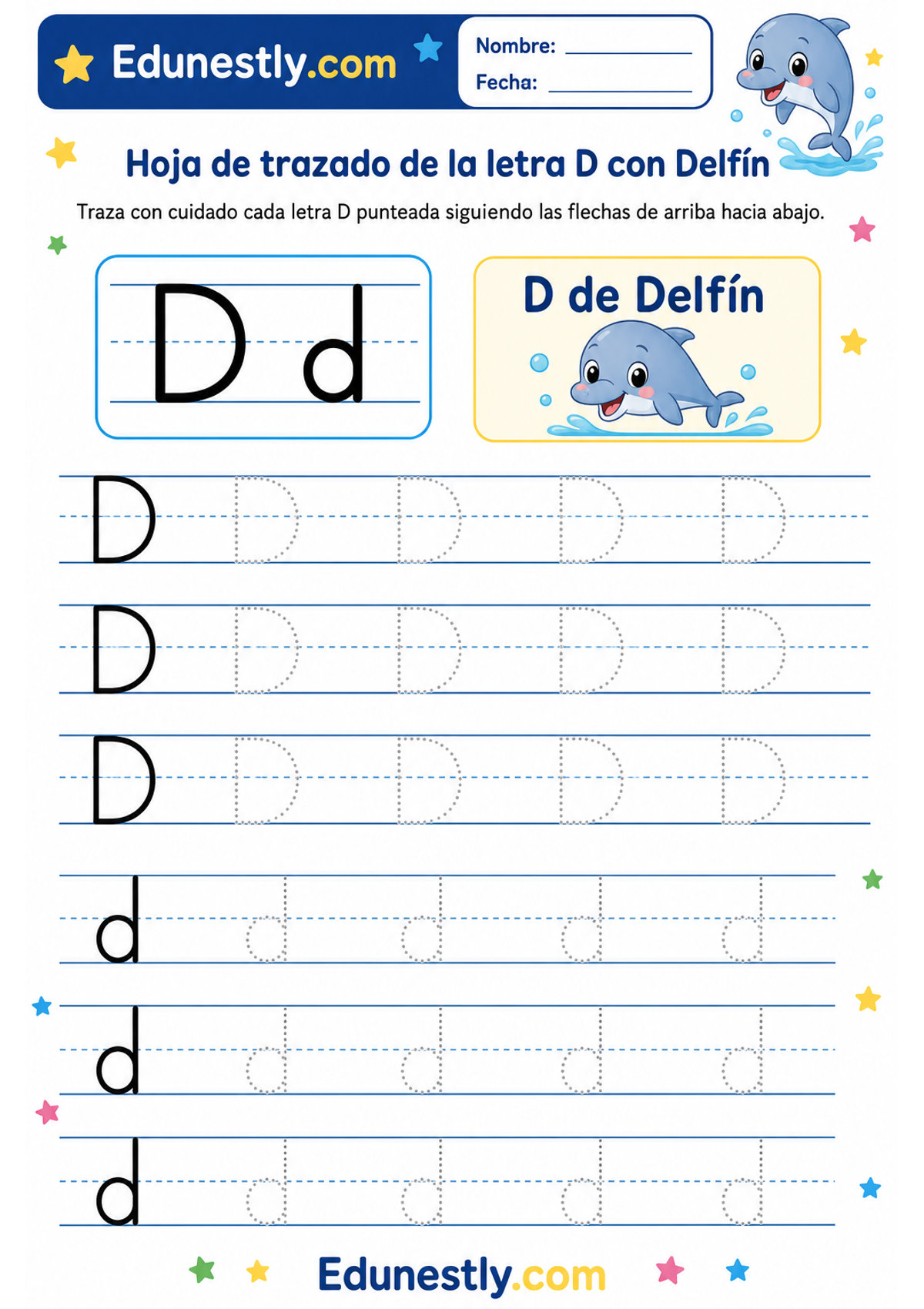 Hoja de trazado de la letra D con Delfín