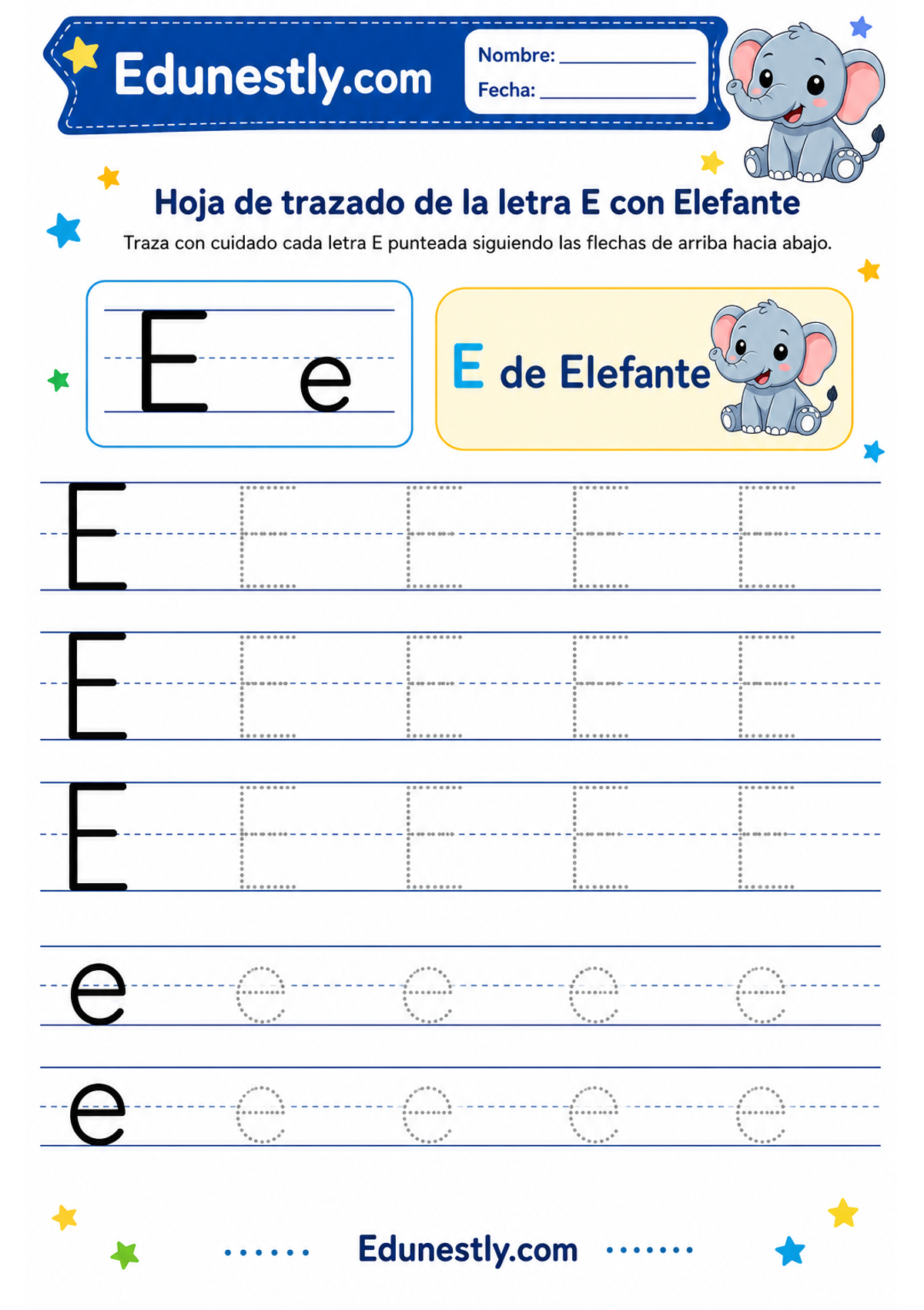 Hoja de trazado de la letra E con Elefante