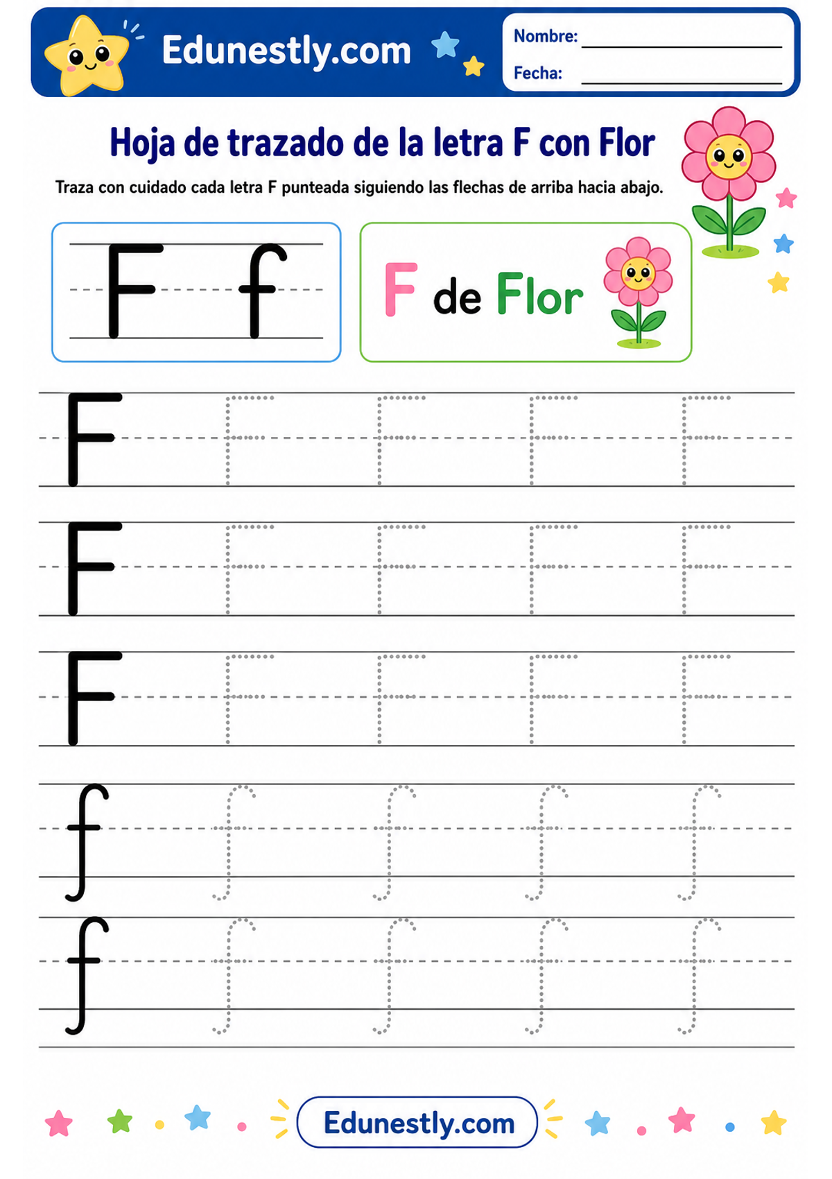 Hoja de trazado de la letra F con Flor