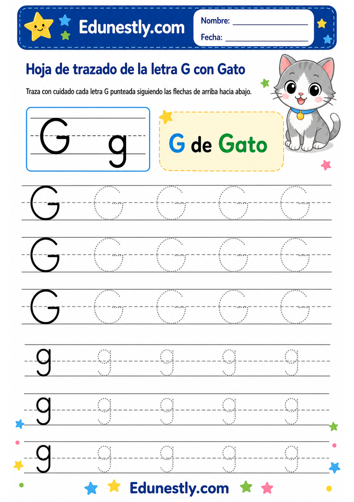 Hoja de trazado de la letra G con Gato