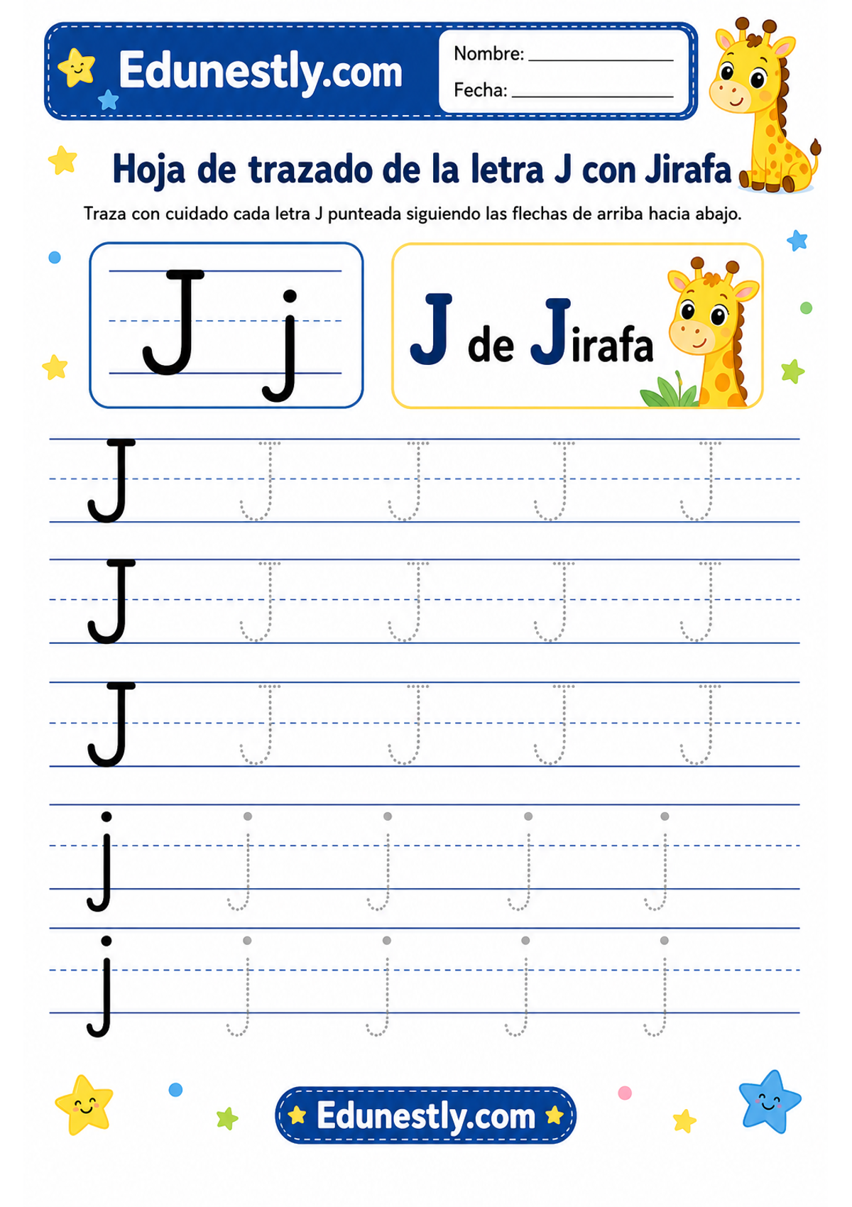 Hoja de trazado de la letra J con Jirafa