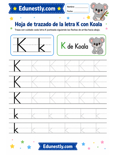 Hoja de trazado de la letra K con Koala